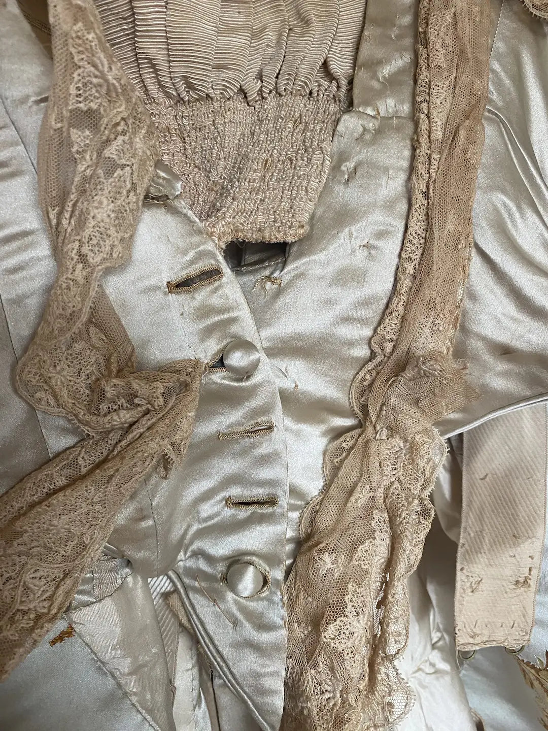 Antique French Bodice Silk Roses Pale Blue Lace Trim