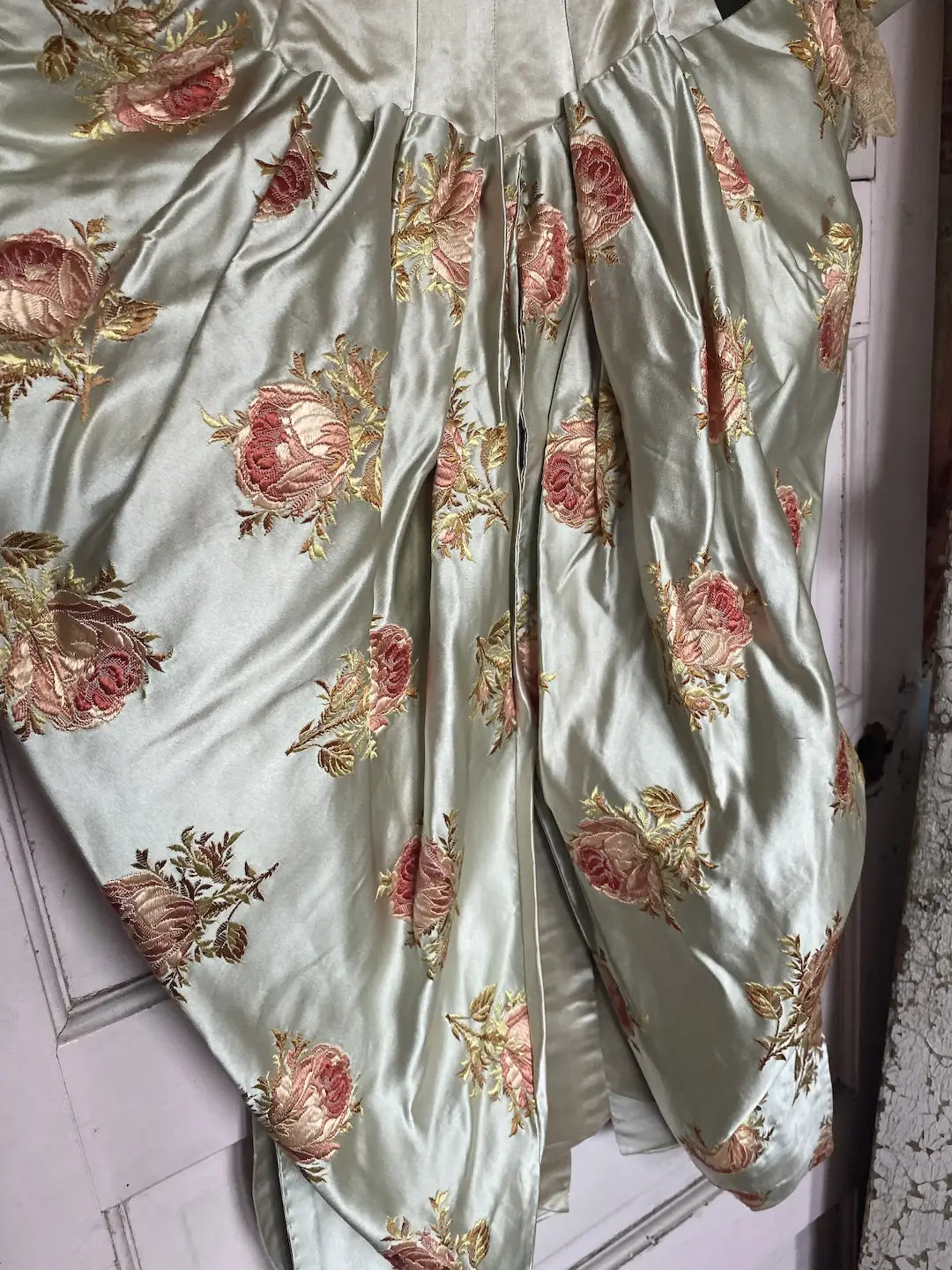 Antique French Bodice Silk Roses Pale Blue Lace Trim