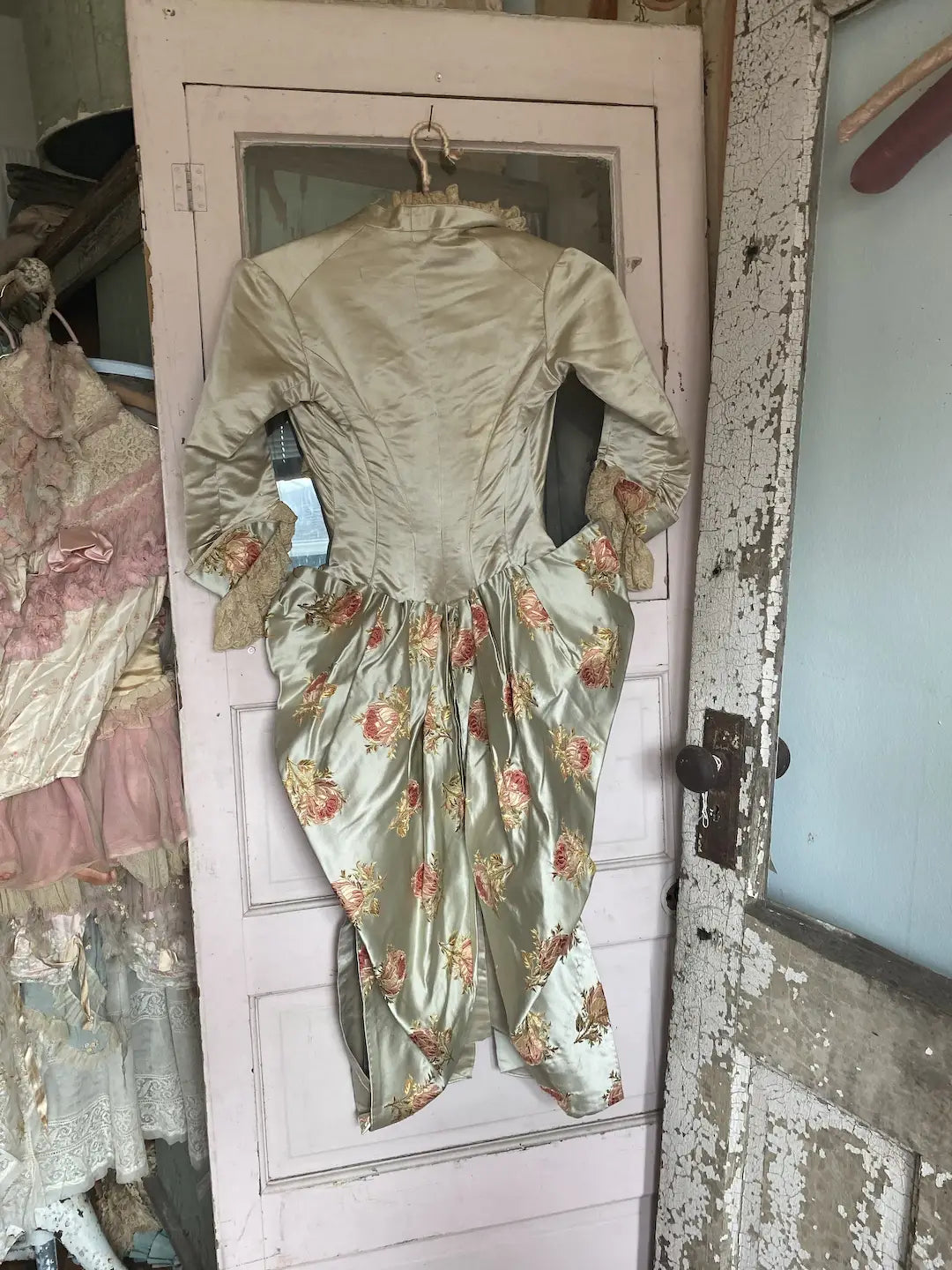 Antique French Bodice Silk Roses Pale Blue Lace Trim
