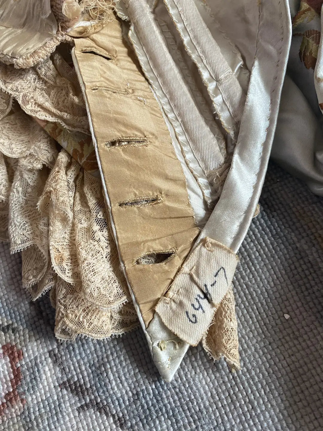 Antique French Bodice Silk Roses Pale Blue Lace Trim