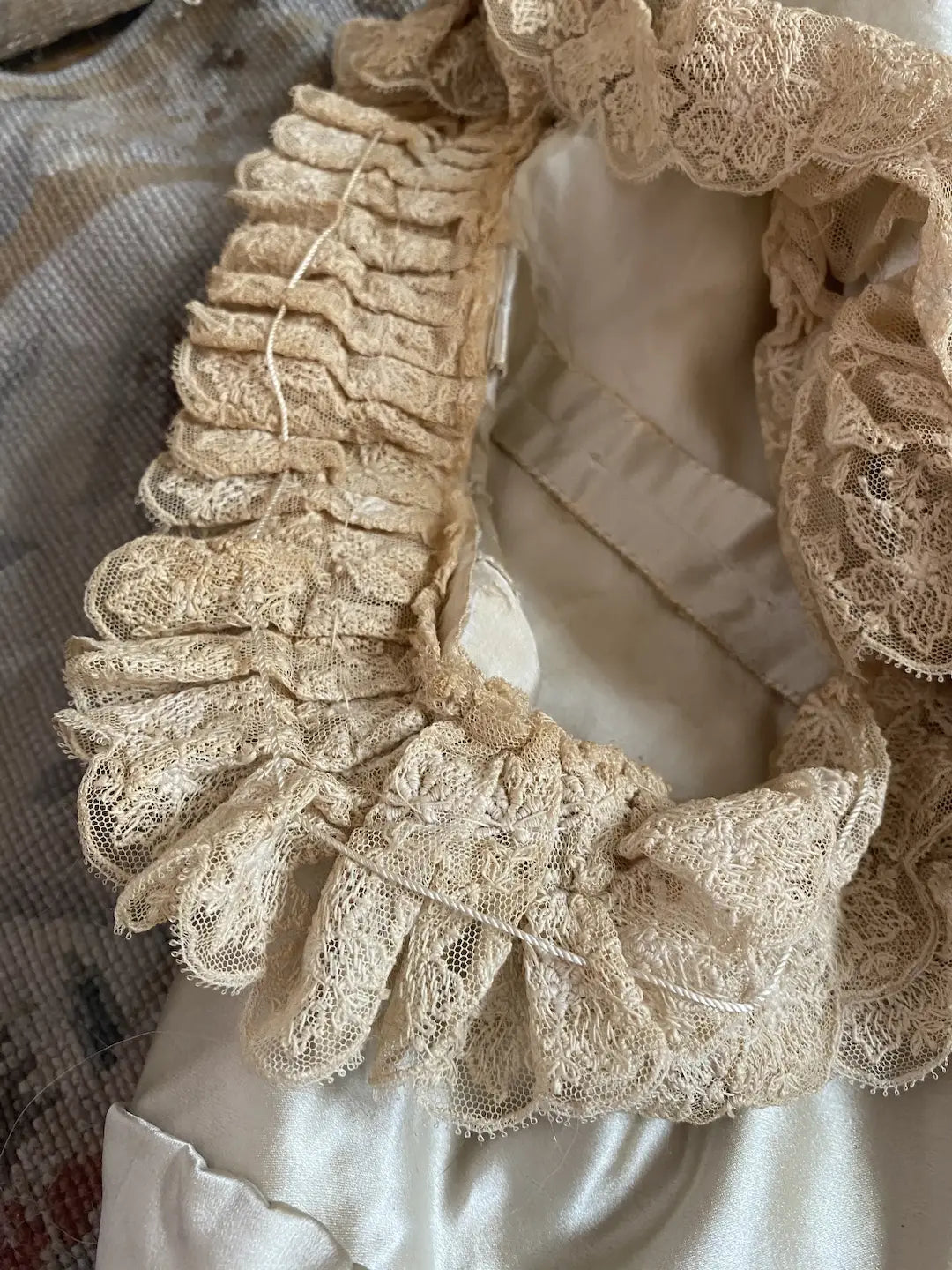 Antique French Bodice Silk Roses Pale Blue Lace Trim