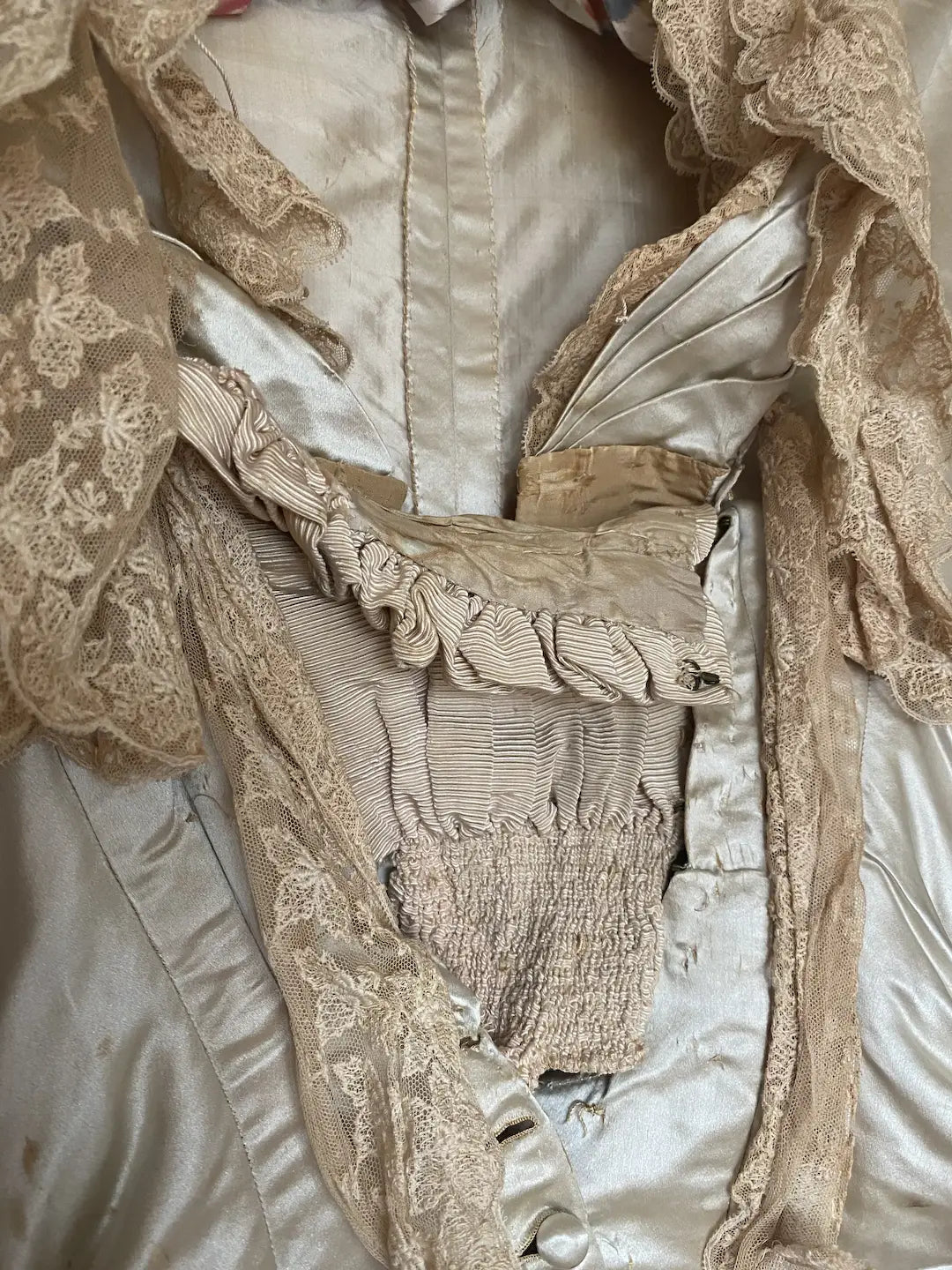 Antique French Bodice Silk Roses Pale Blue Lace Trim