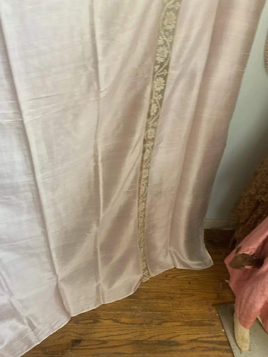 Antique 1920 Silk Sheet Bed Cover Pink Floral Lace