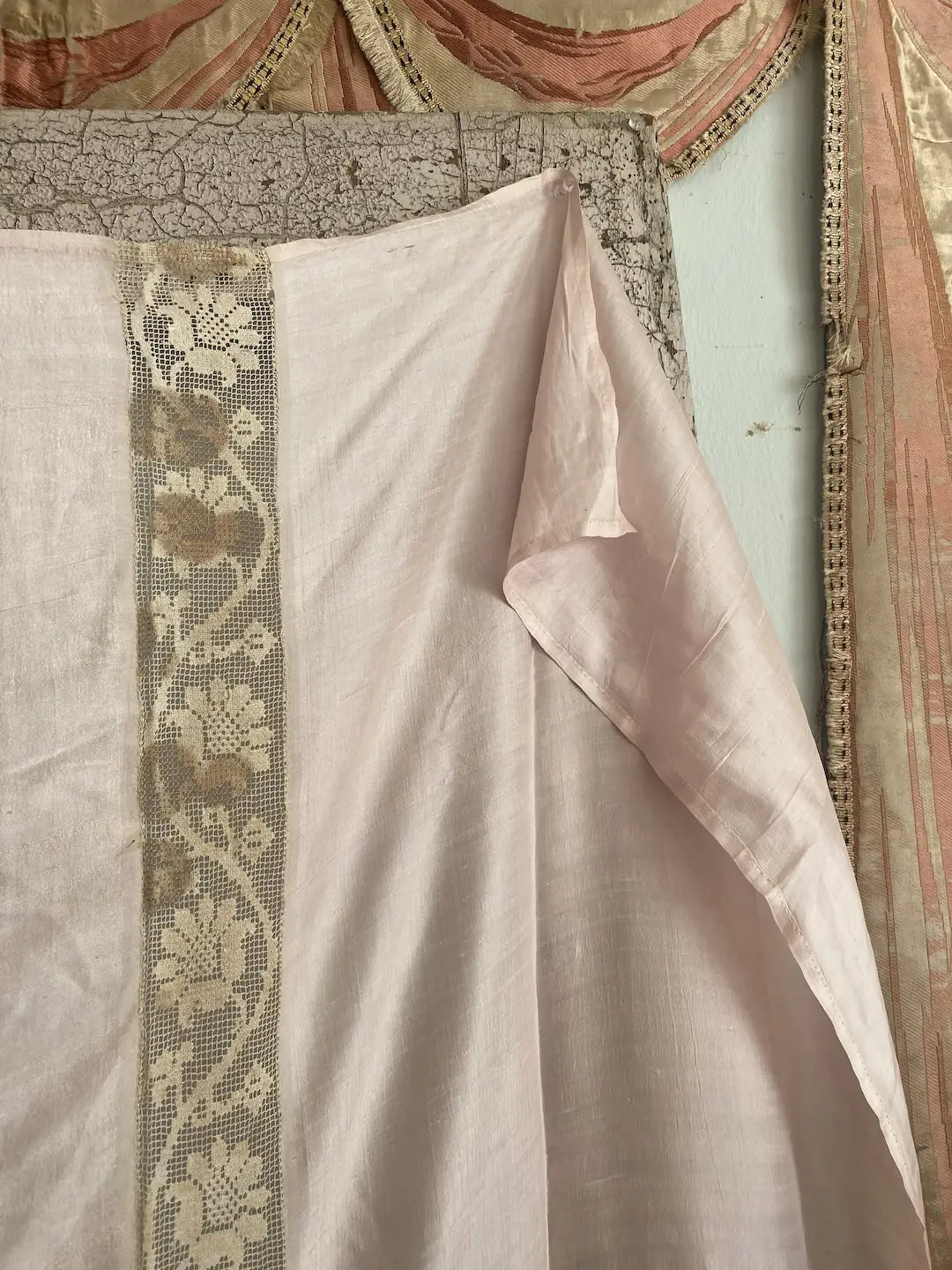 Antique 1920 Silk Sheet Bed Cover Pink Floral Lace