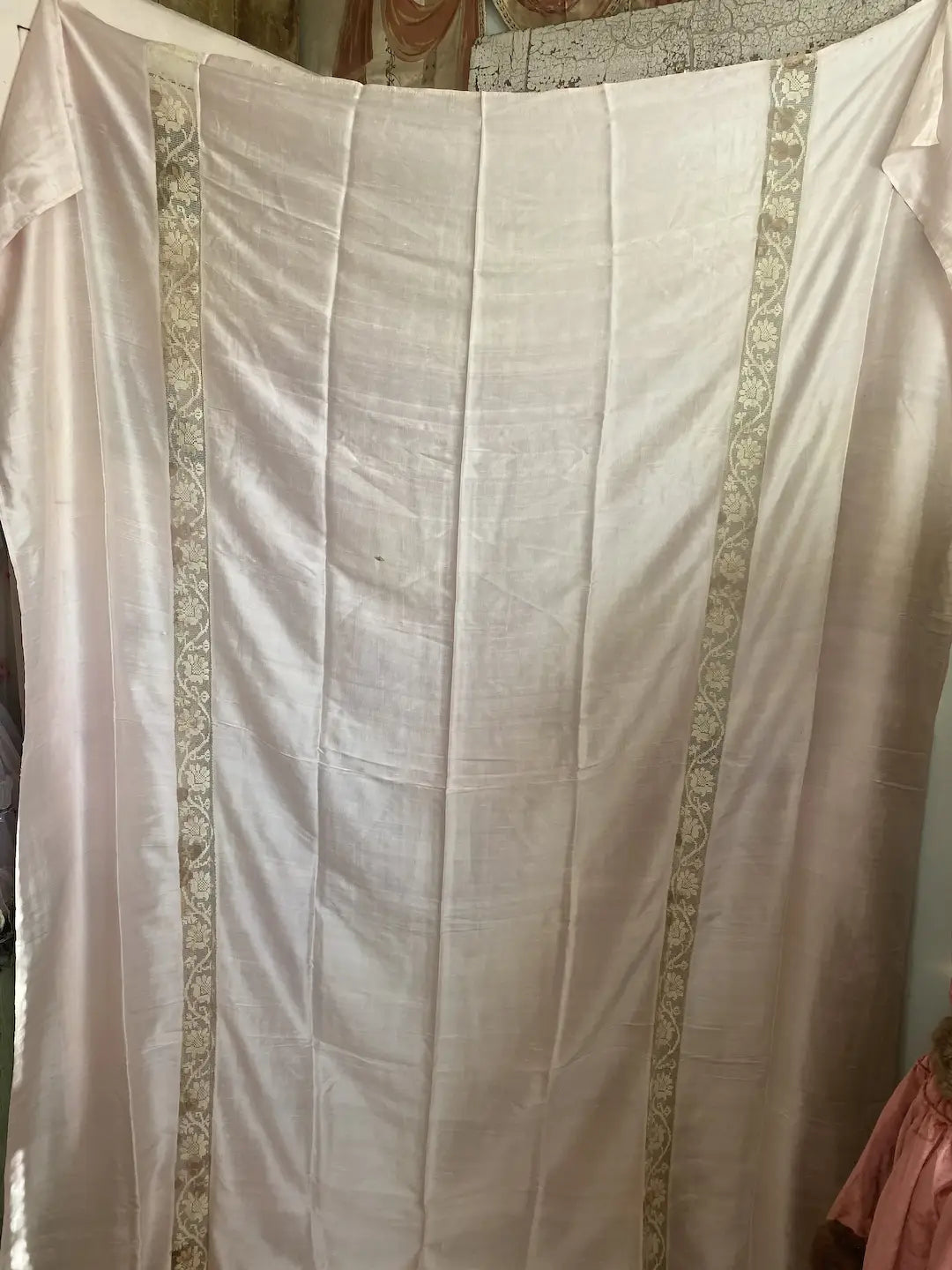 Antique 1920 Silk Sheet Bed Cover Pink Floral Lace
