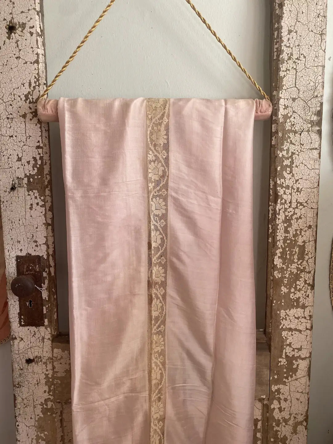Antique 1920 Silk Sheet Bed Cover Pink Floral Lace