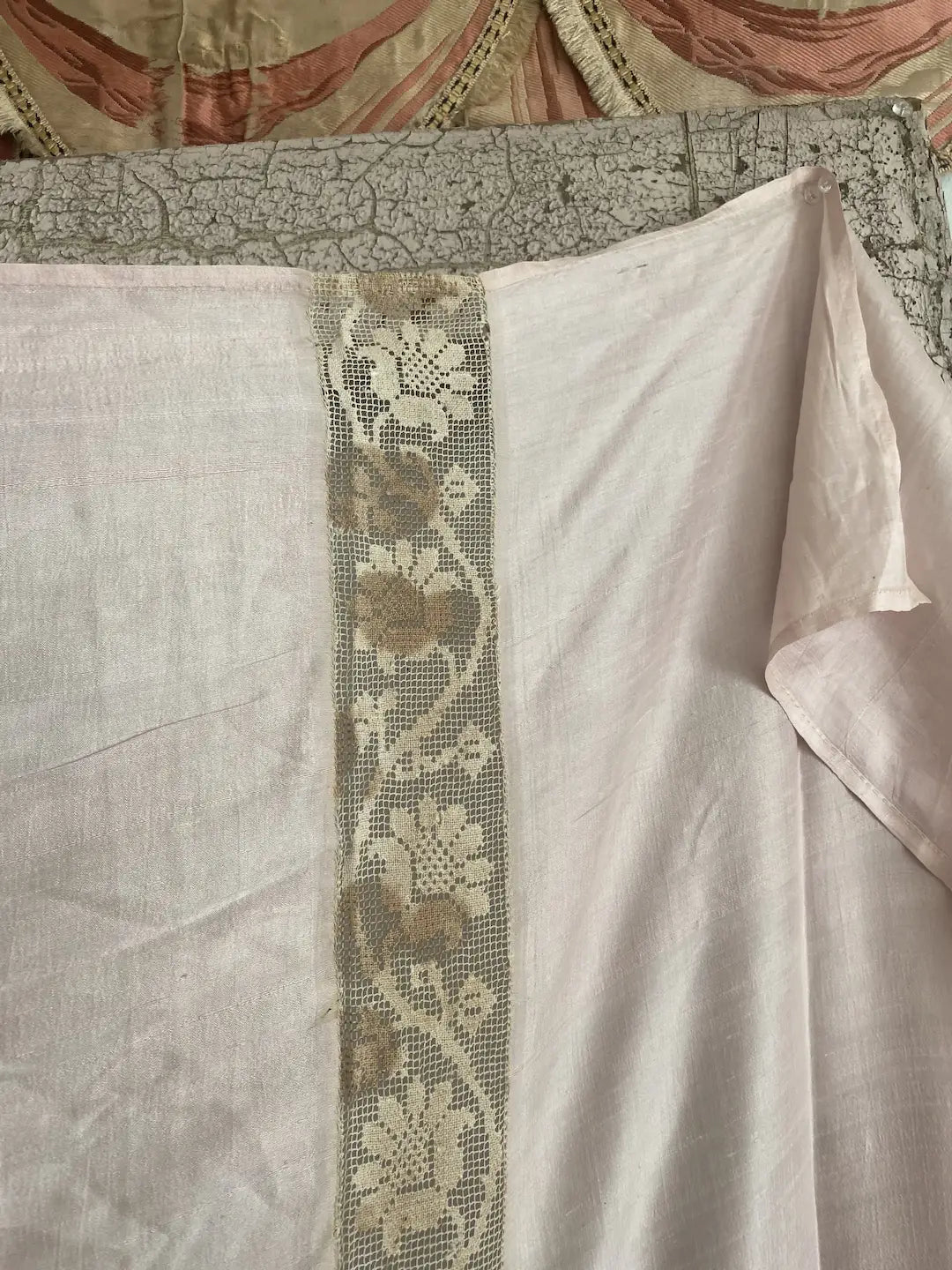 Antique 1920 Silk Sheet Bed Cover Pink Floral Lace