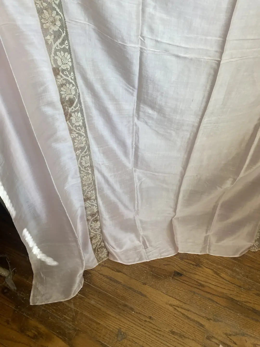 Antique 1920 Silk Sheet Bed Cover Pink Floral Lace