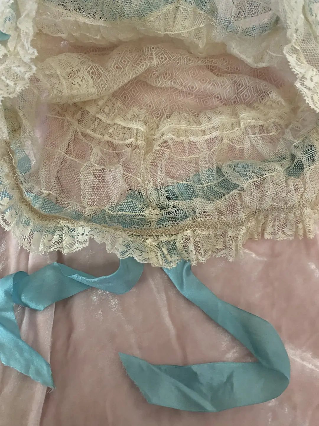 Antique Boudoir Cap Lace Blue Silk Ribbonwork