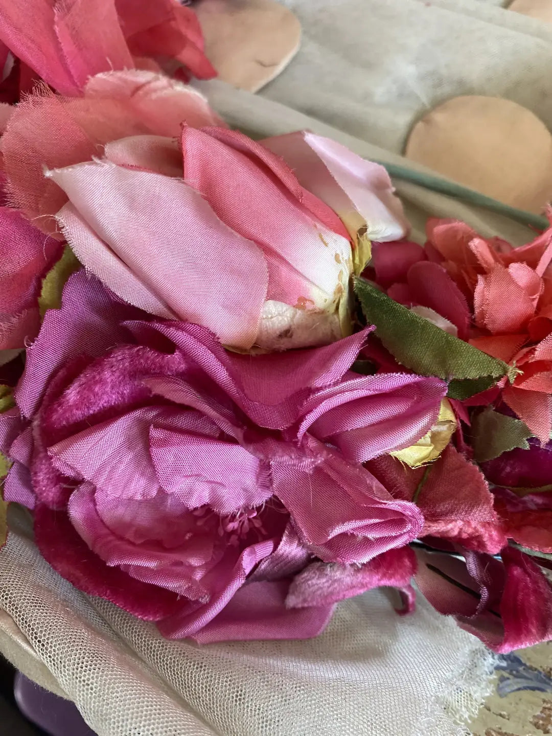 Millinery Wreath Antique & Vintage Flowers Pink Magenta