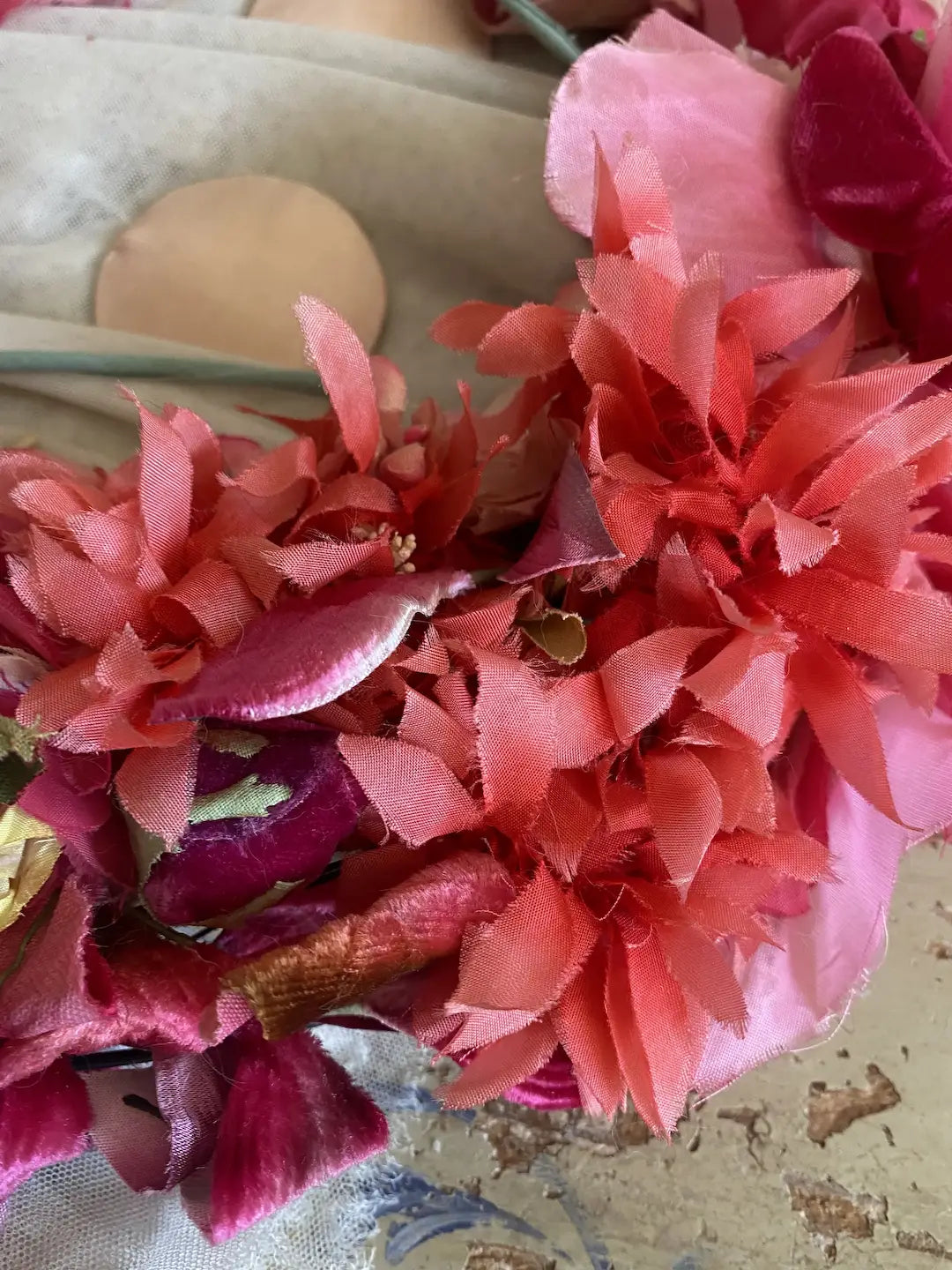 Millinery Wreath Antique & Vintage Flowers Pink Magenta