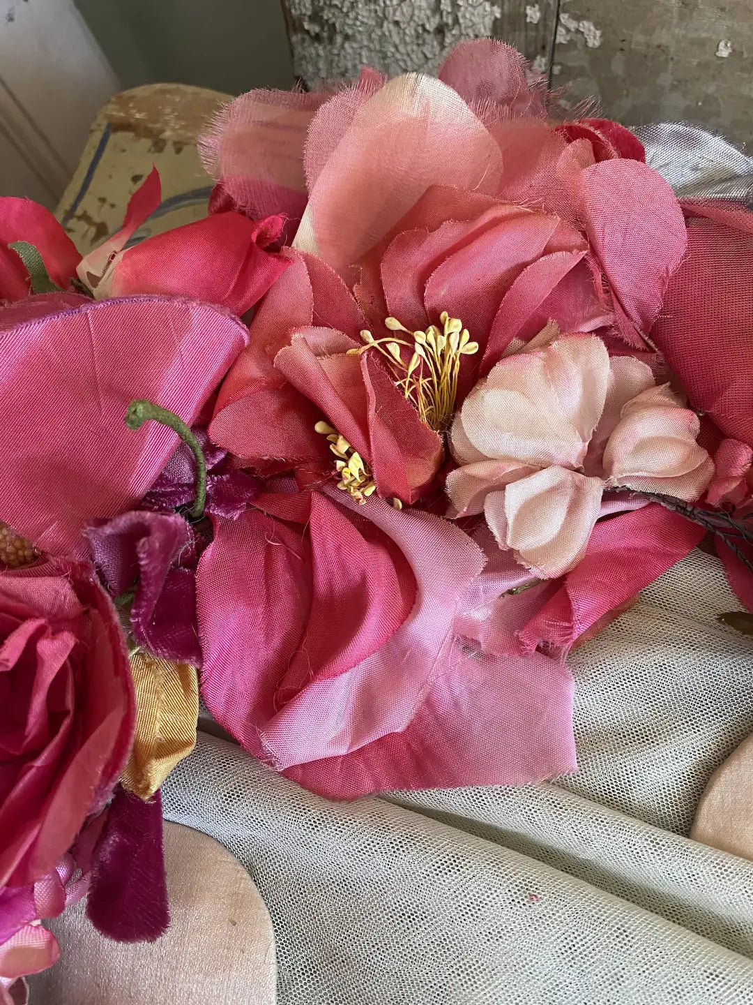 Millinery Wreath Antique & Vintage Flowers Pink Magenta