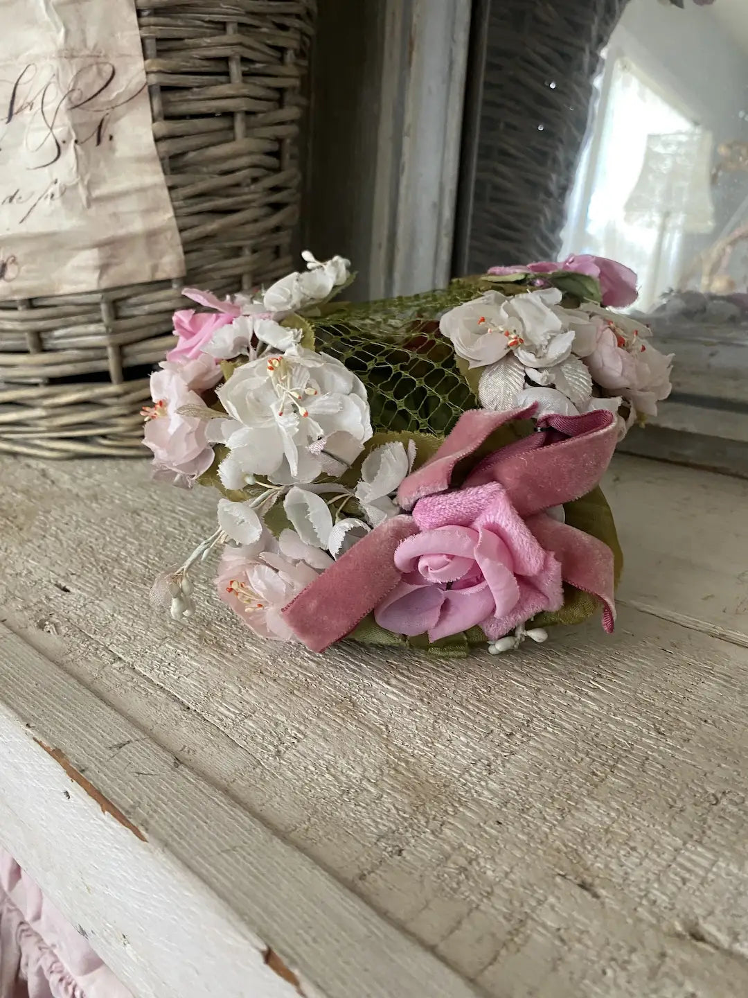Vintage Millinery Hat Pink White Flowers Roses