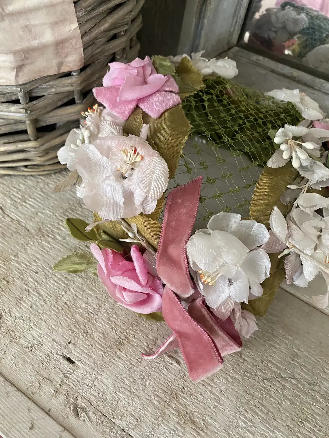 Vintage Millinery Hat Pink White Flowers Roses