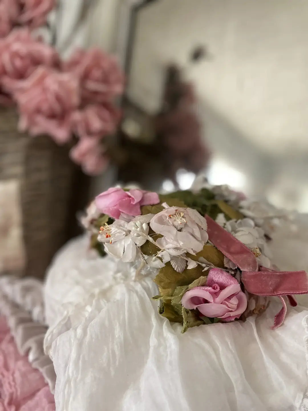 Vintage Millinery Hat Pink White Flowers Roses