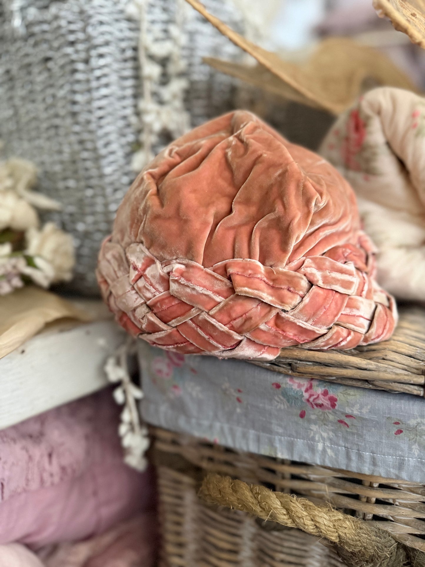 Vintage Pink Velvet Braided Cloche Hat