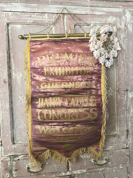 Antique Faded Maroon Dusty Purple Silk Banner 1936