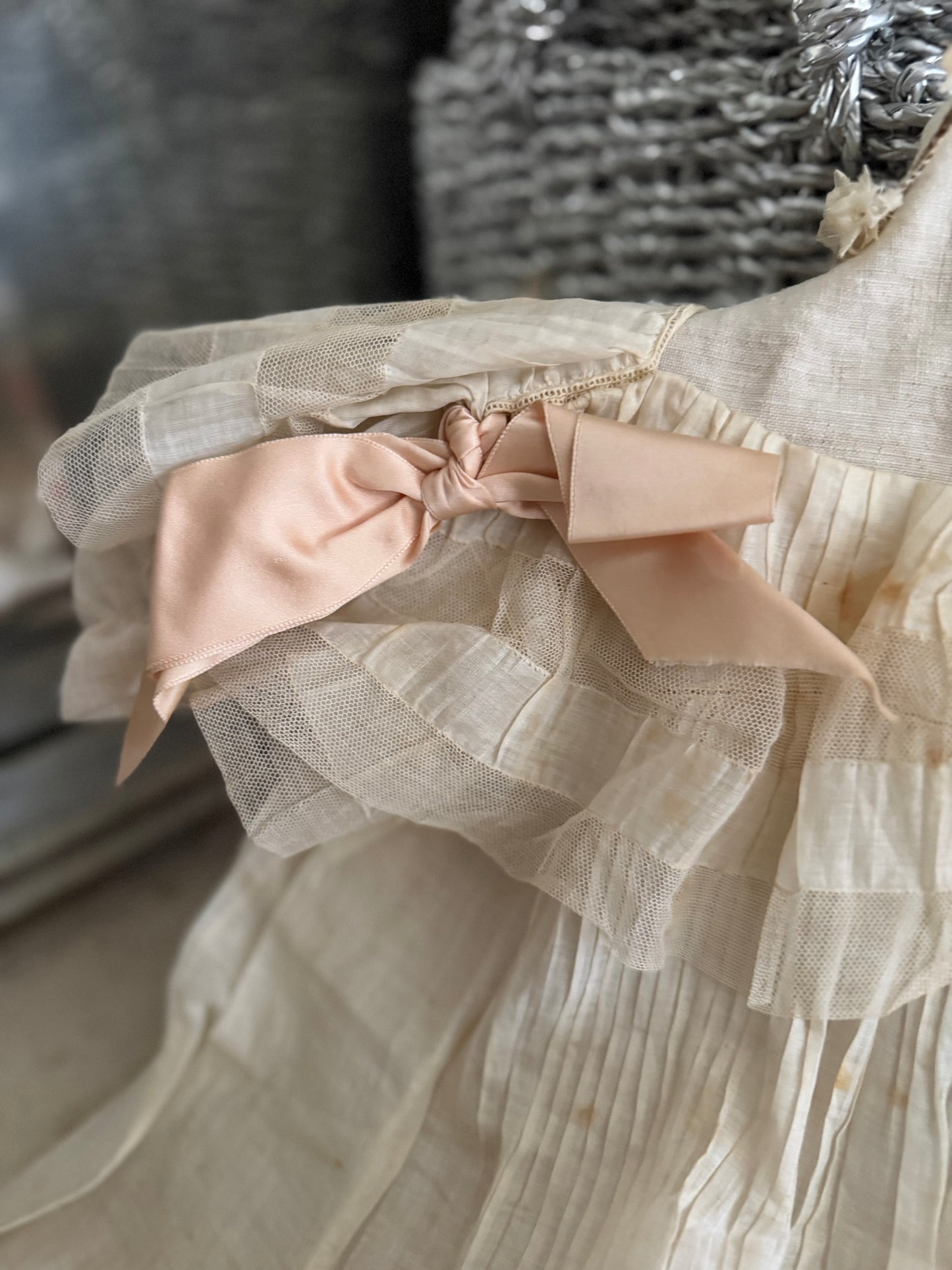 Antique Girls Lace Dress Pink Silk Ribbon & Skirt