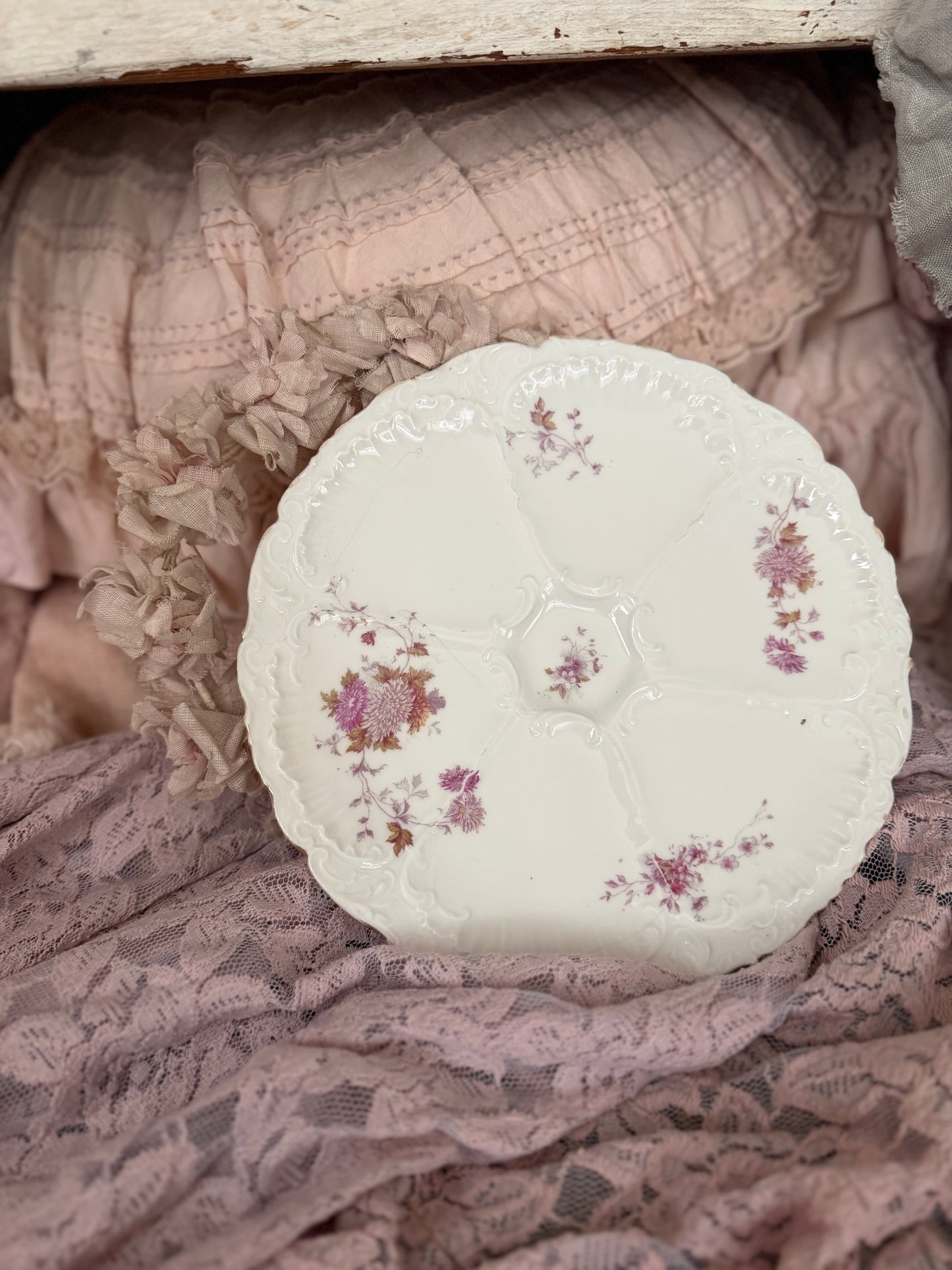 Antique Pink Floral Oyster Plate