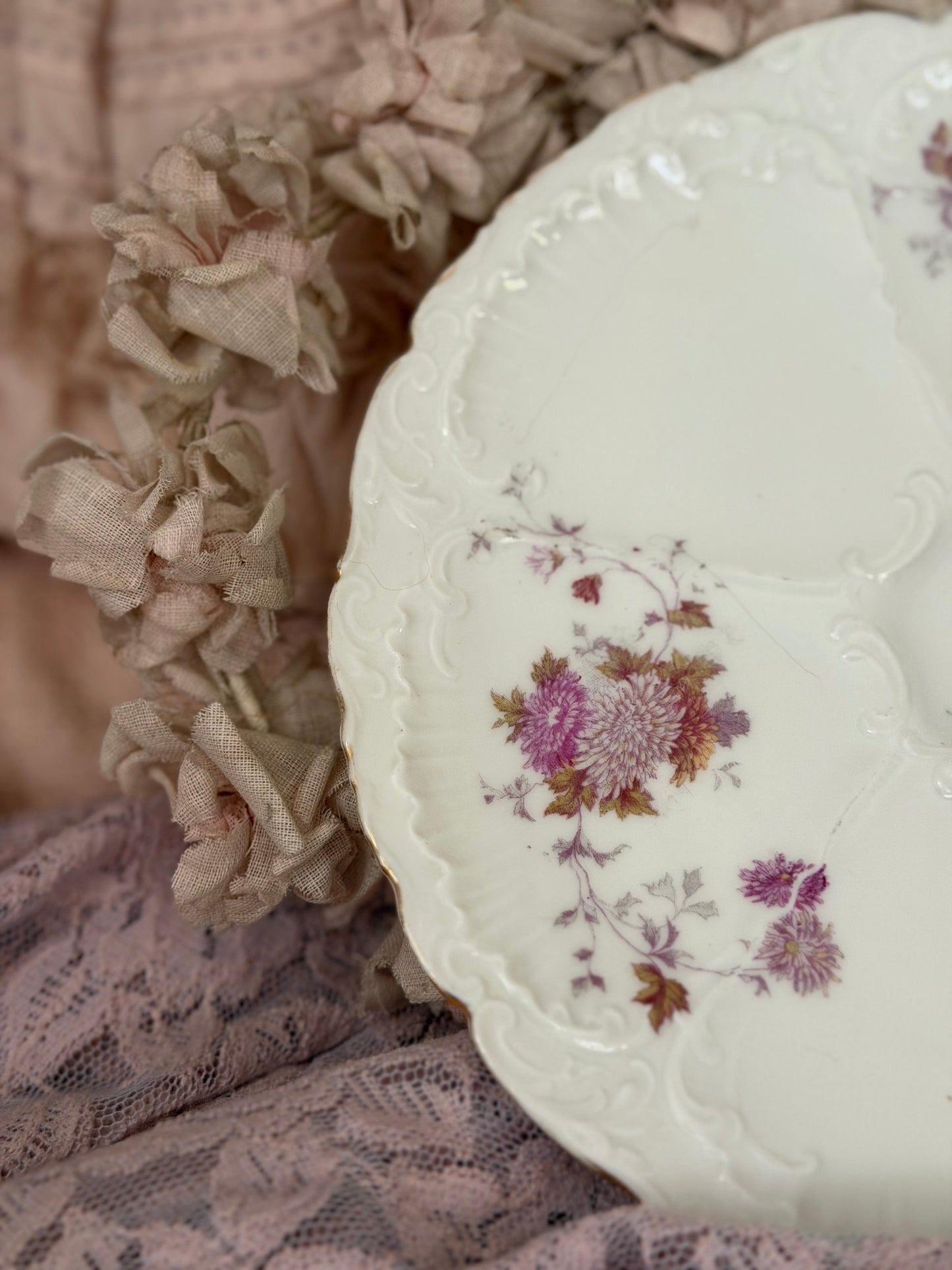Antique Pink Floral Oyster Plate