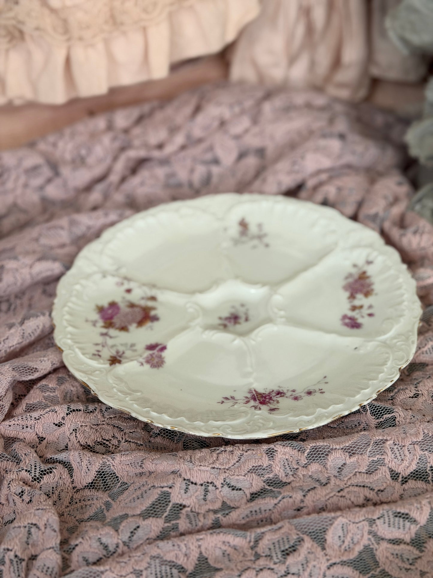 Antique Pink Floral Oyster Plate