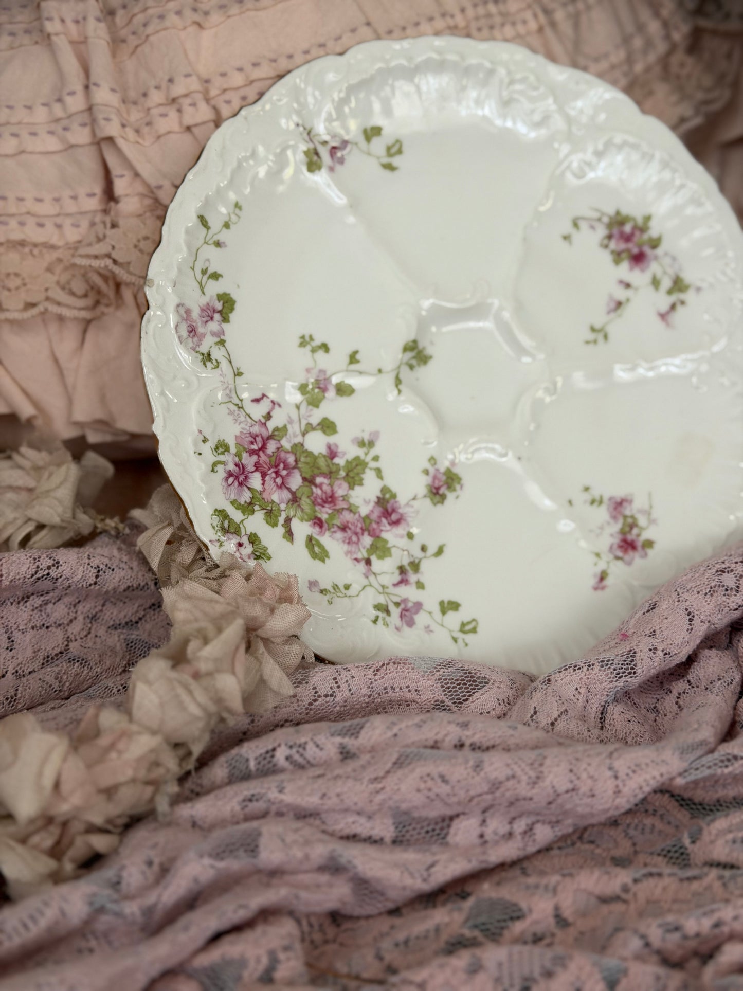 Antique Pink Floral Oyster Plate