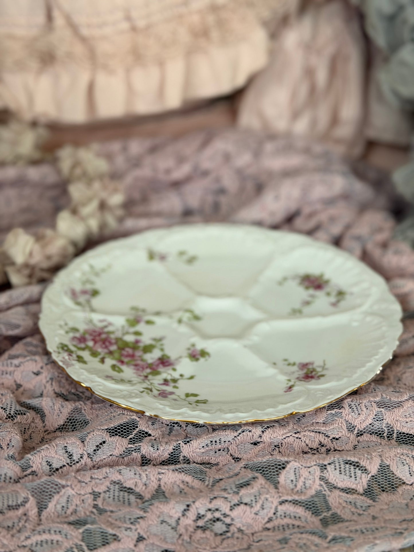 Antique Pink Floral Oyster Plate