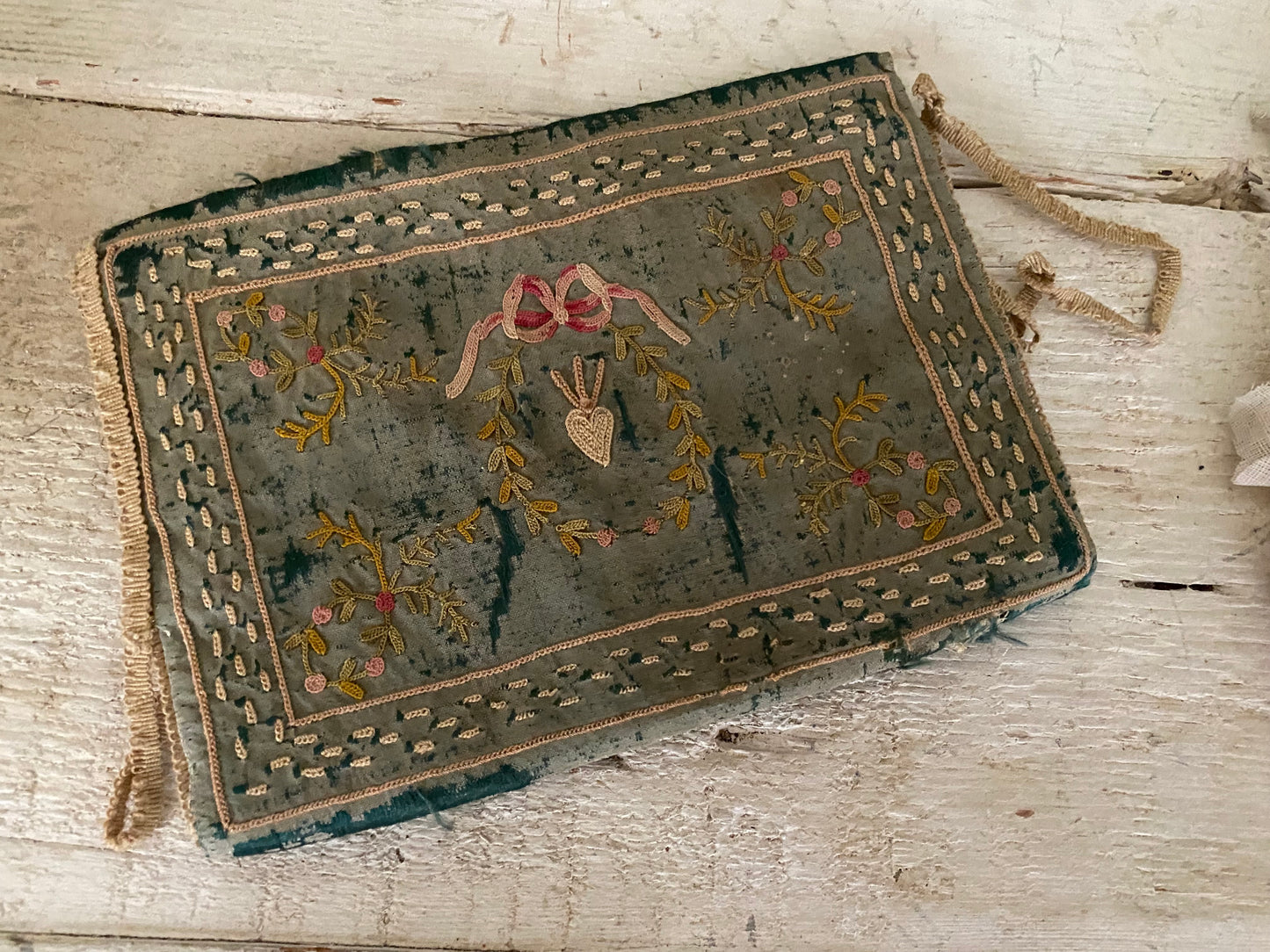 Antique 18th Century Blue Silk Embroidered Clutch Pouch