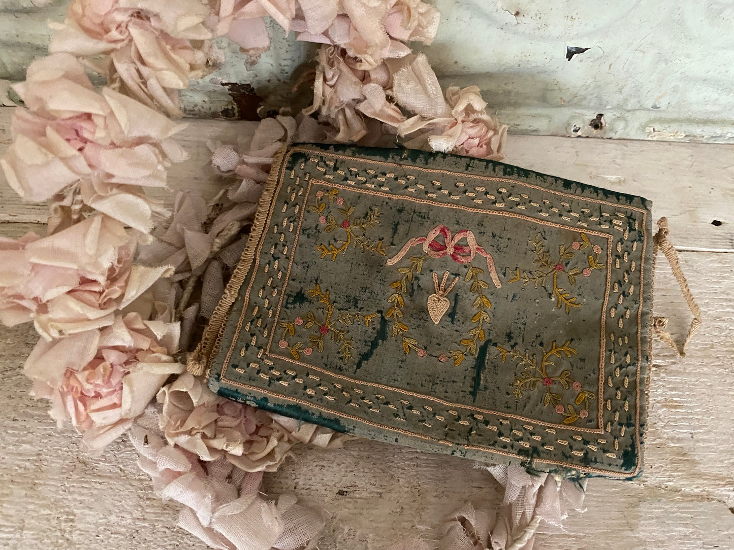 Antique 18th Century Blue Silk Embroidered Clutch Pouch