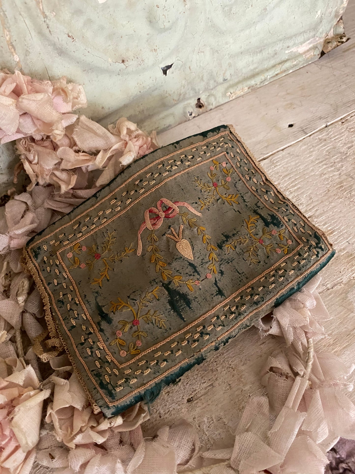 Antique 18th Century Blue Silk Embroidered Clutch Pouch