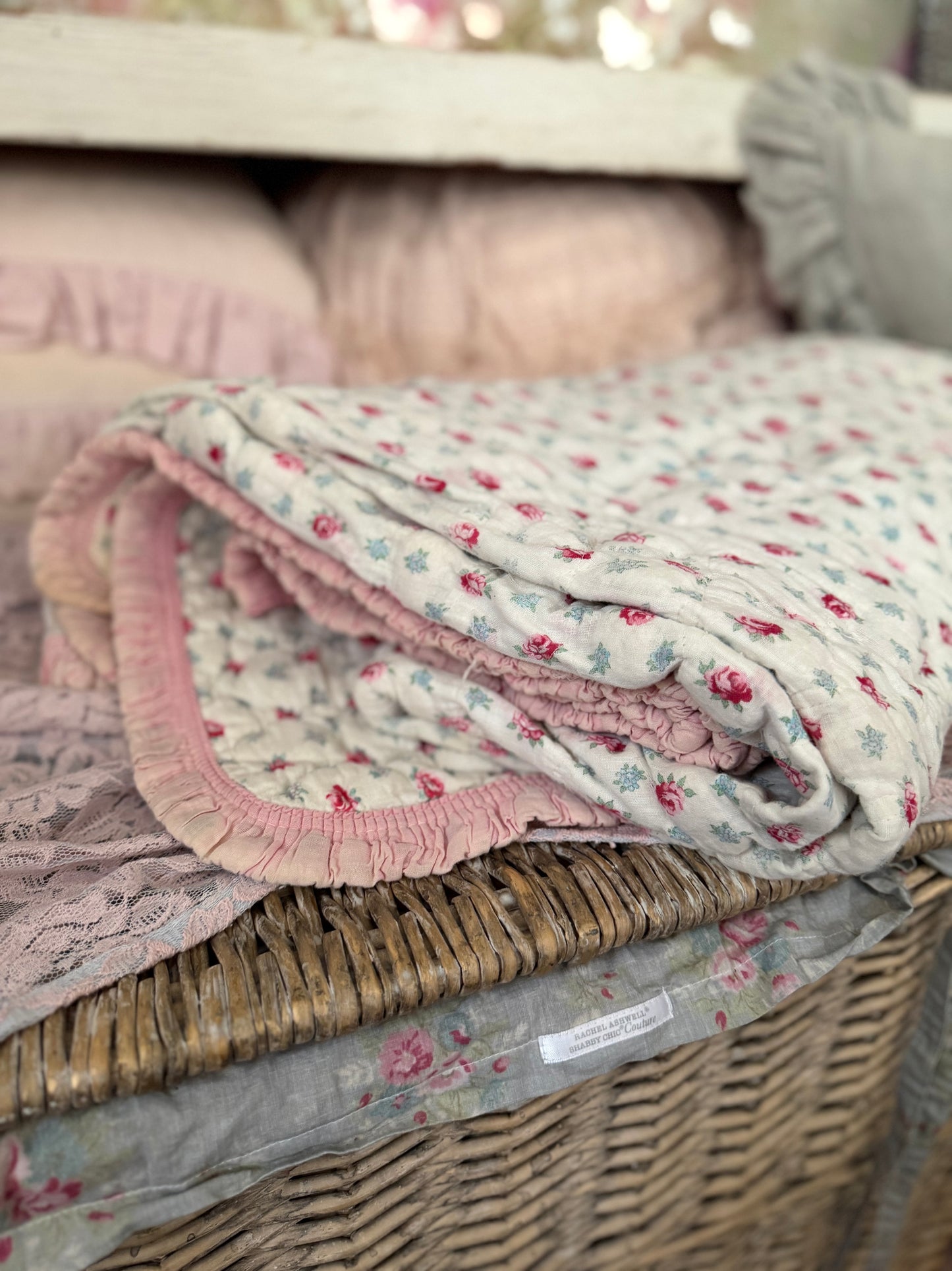 Vintage Pink Rose Ruffed Blanket