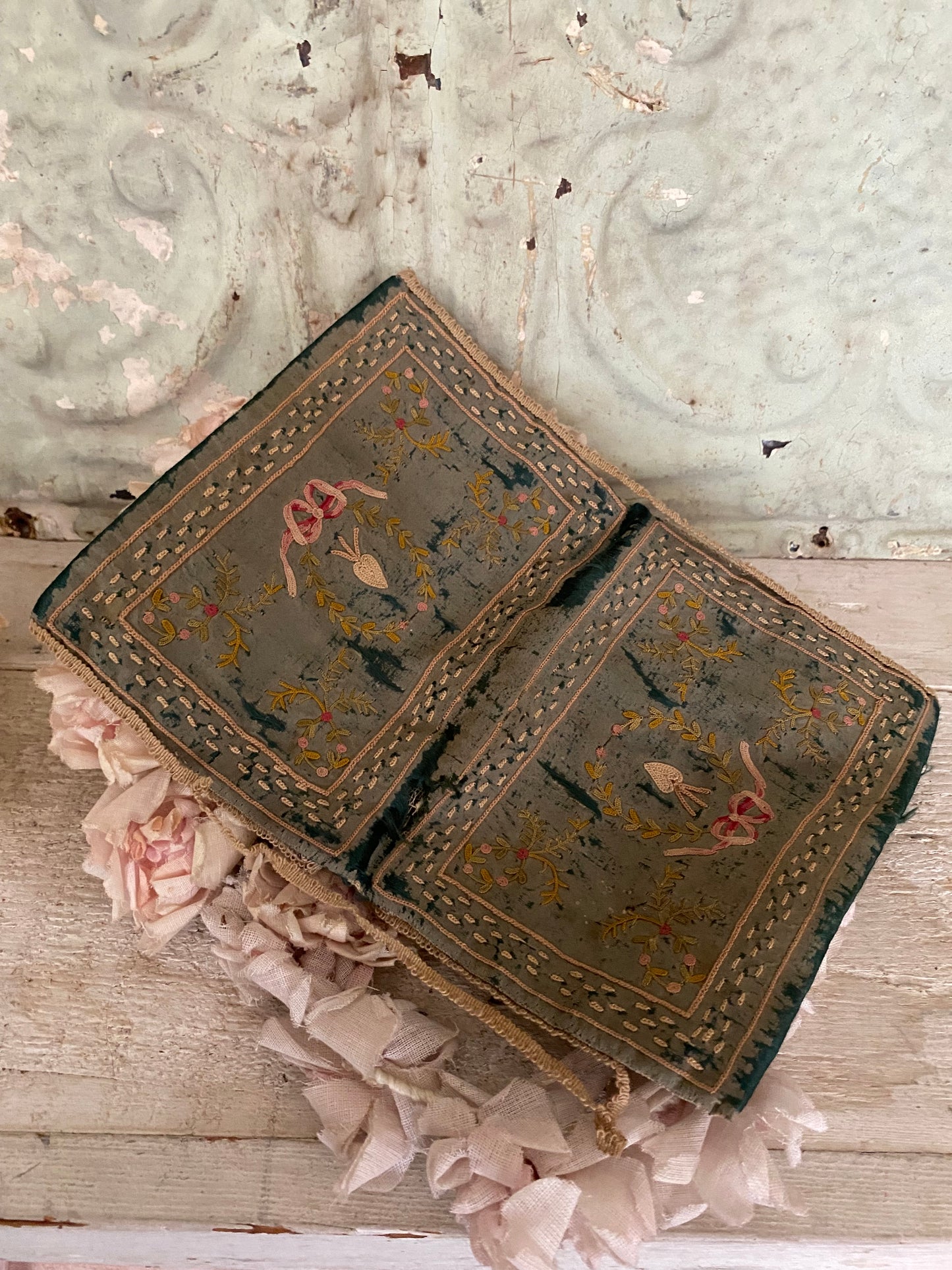 Antique 18th Century Blue Silk Embroidered Clutch Pouch