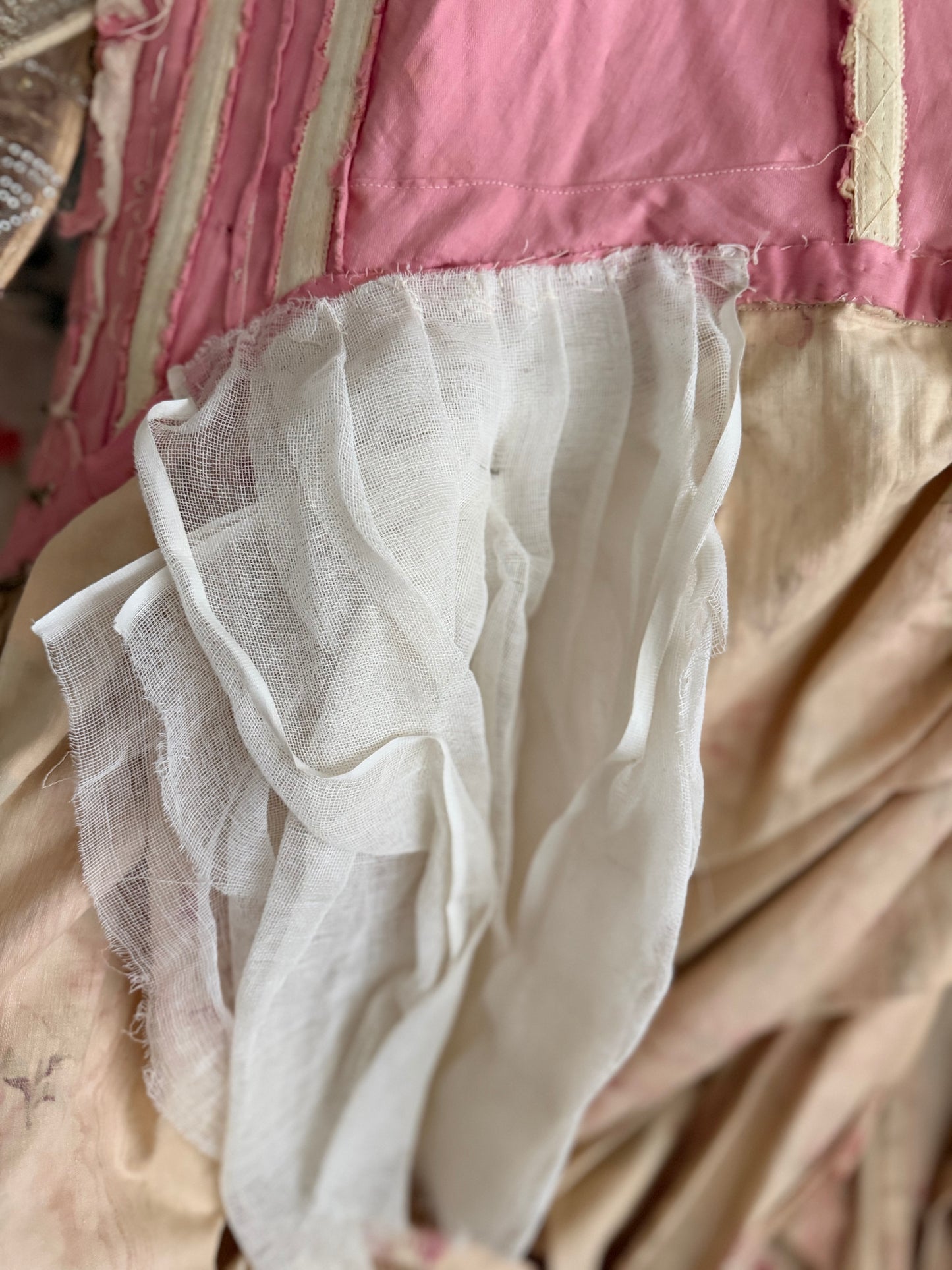 Antique French Pink Rose Floral Rococo Theater Costume Dress