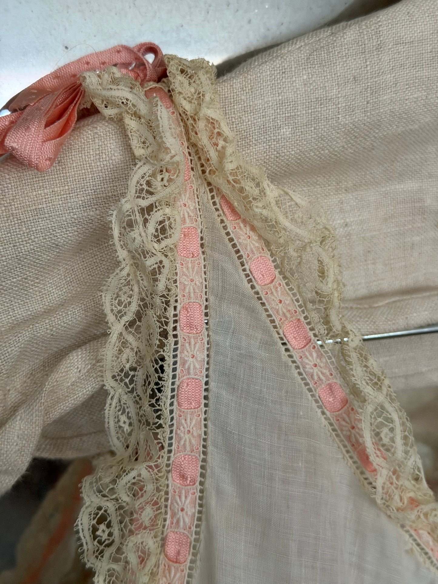 Antique Victorian Floral Lace Nightgown Slip Pink Ribbon Bow