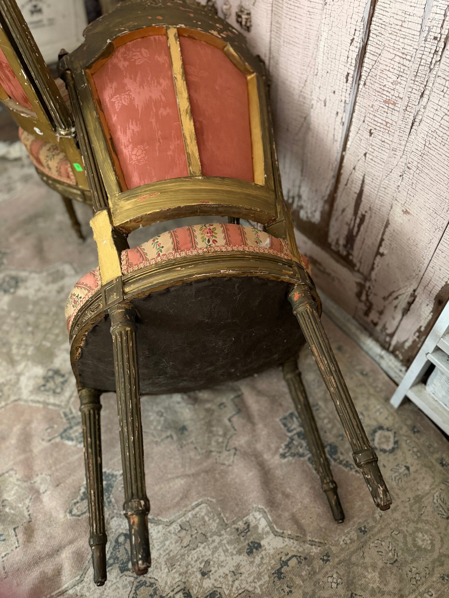 Pair Antique French Victorian Louis XVI Pink Silk Chairs