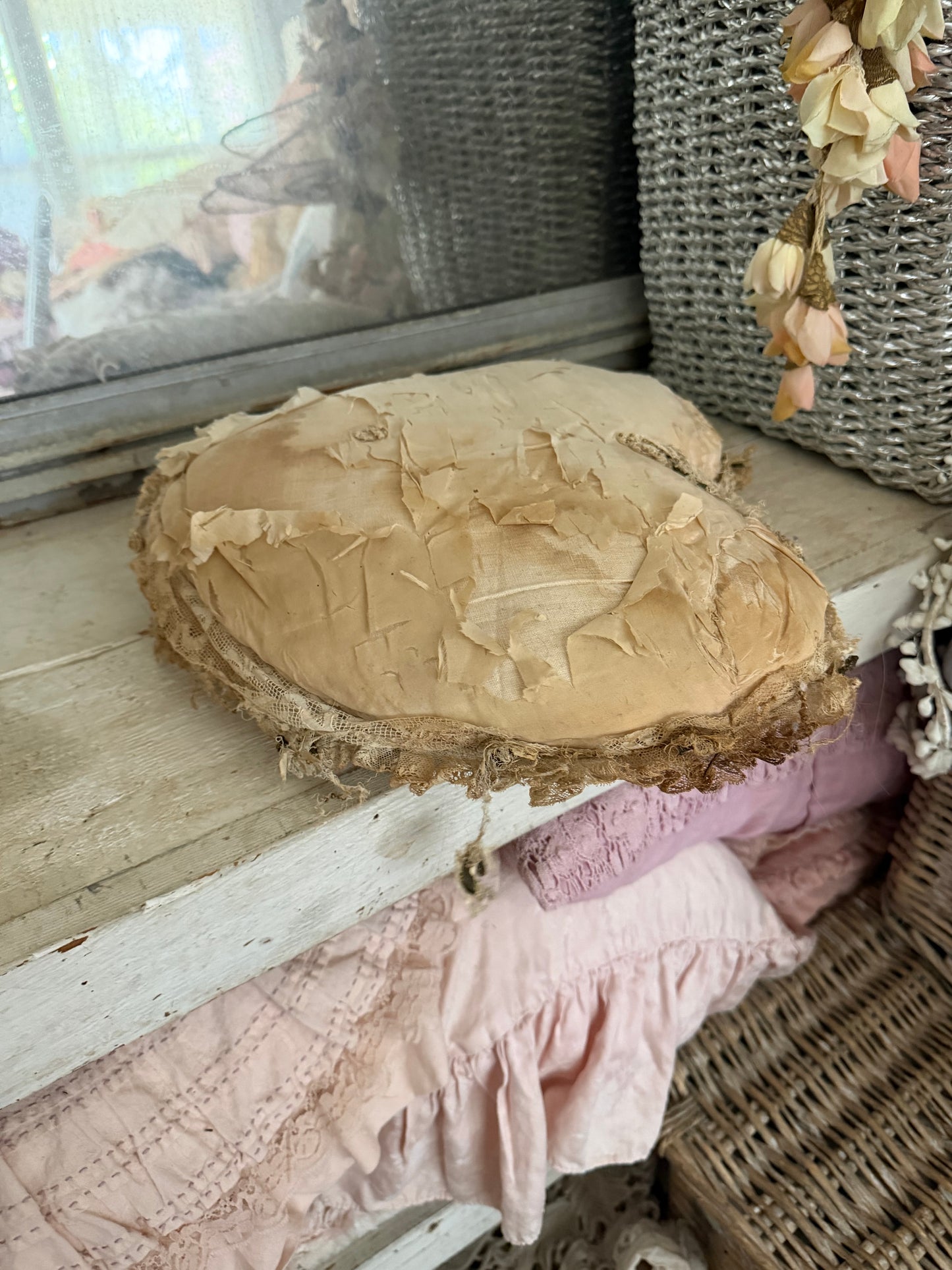 Antique Former Ribbonwork Lace Heart Pillow