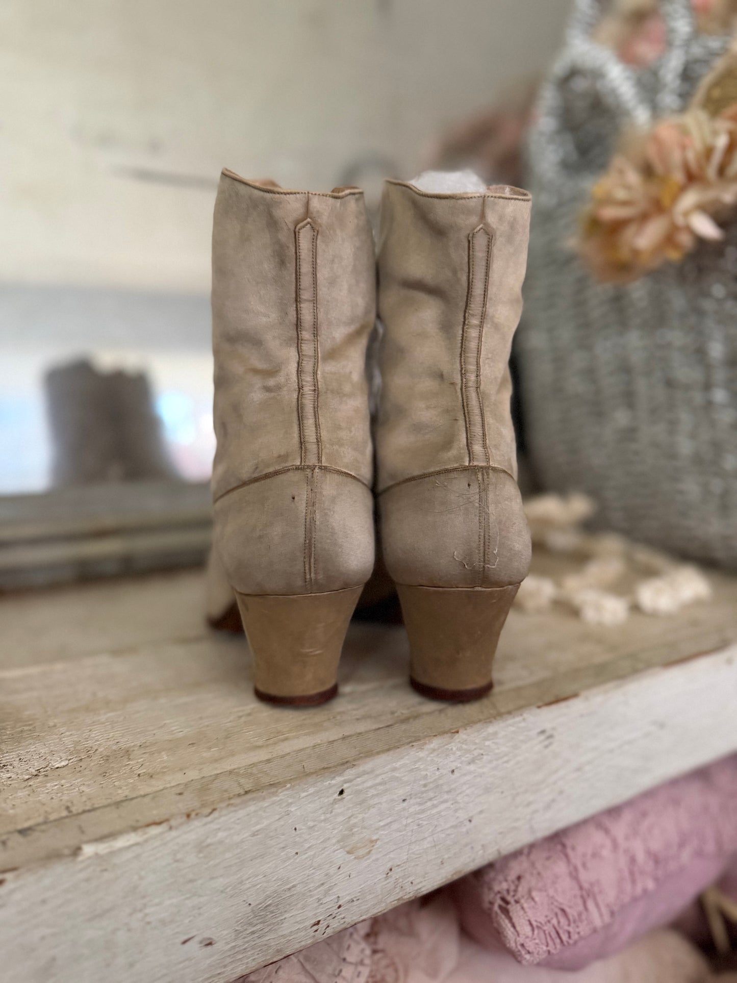 Antique Ice Grey Silk Button Boots Shoes With Beaded Bows