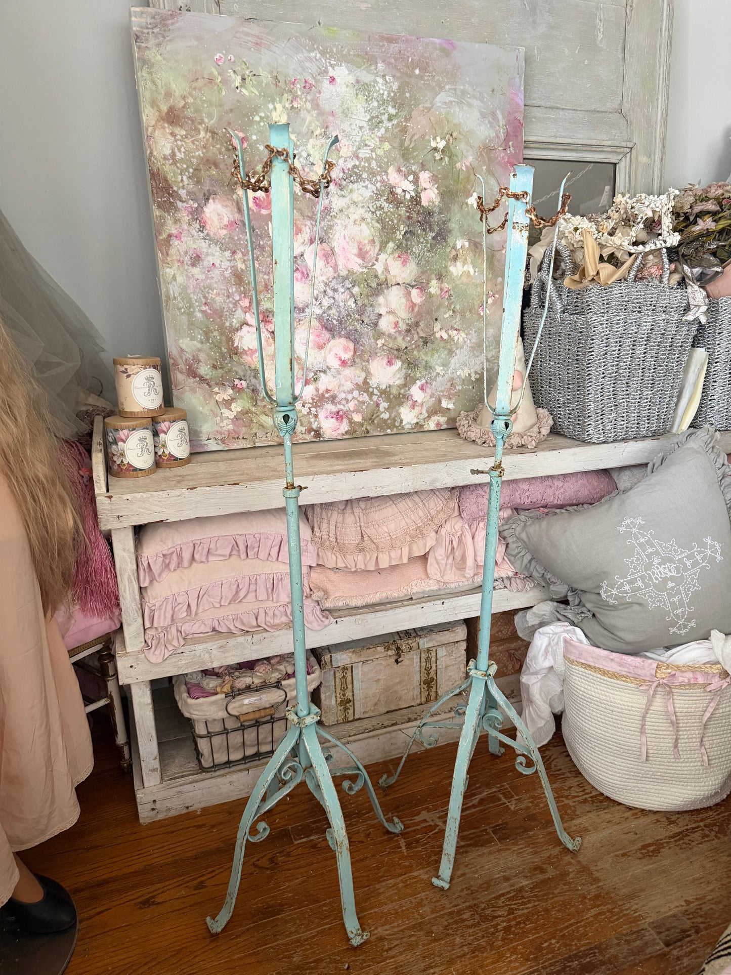 Pair Antique Blue Chippy Shabby Chic Metal Flower Stands