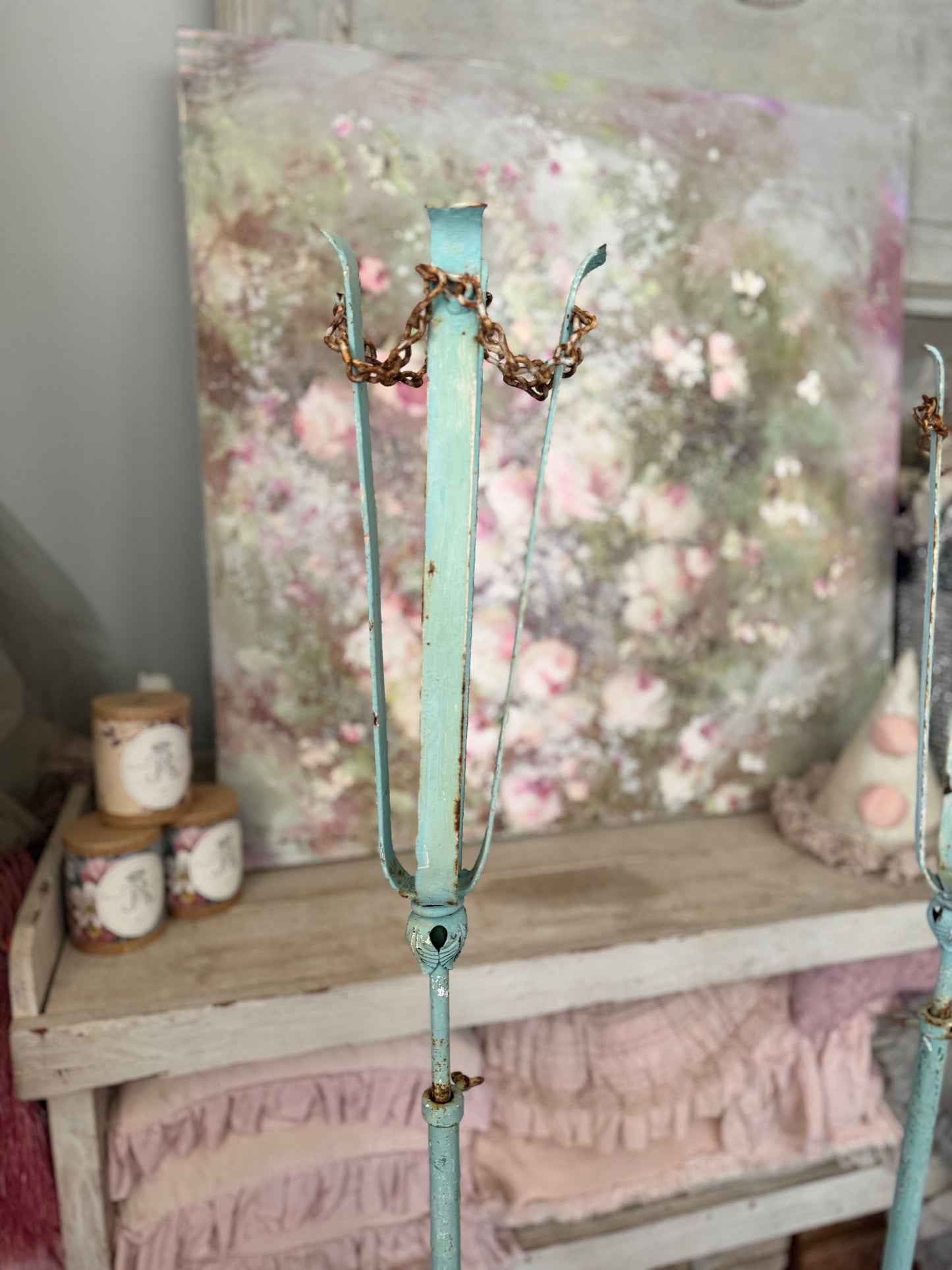 Pair Antique Blue Chippy Shabby Chic Metal Flower Stands