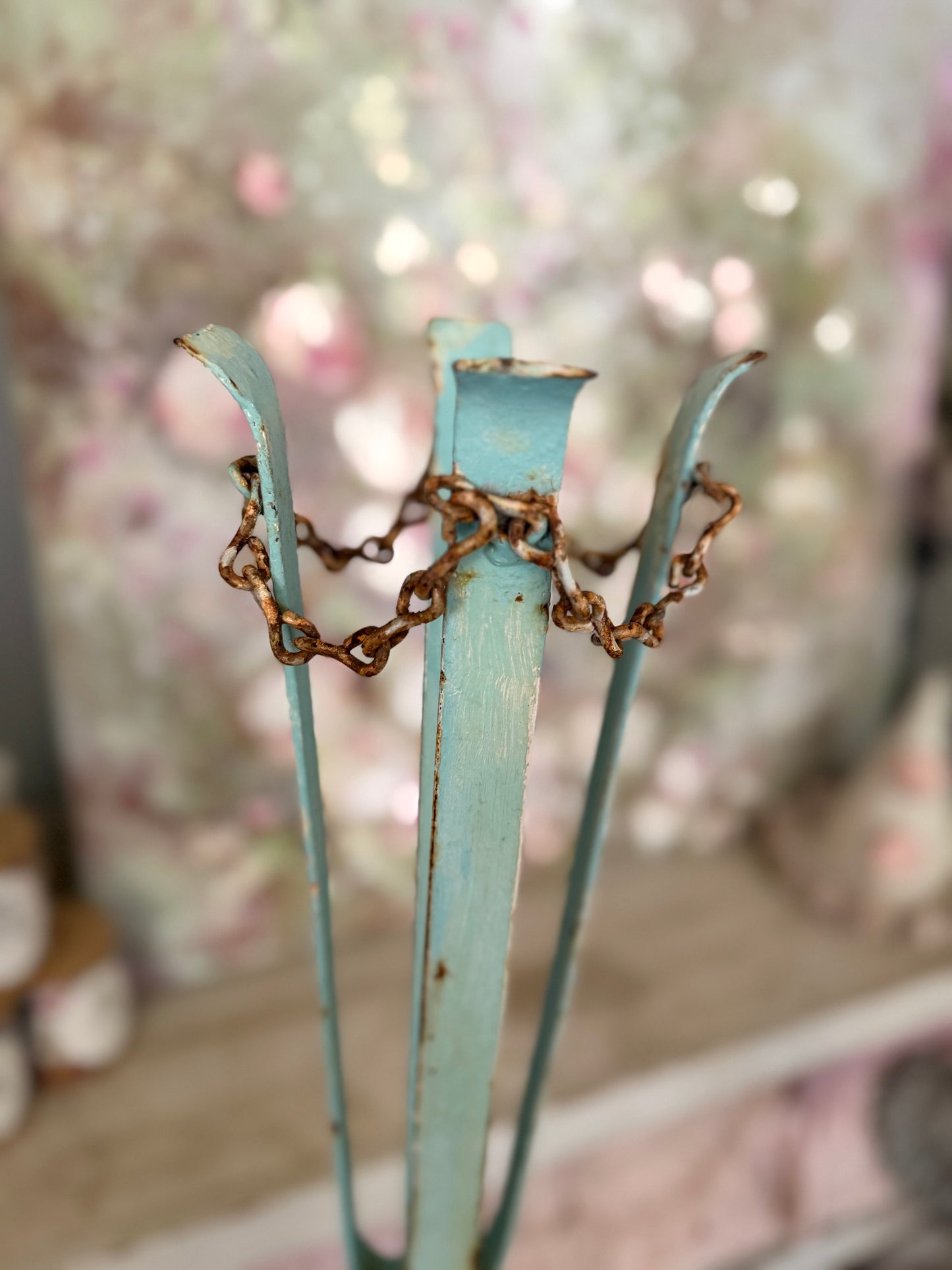 Pair Antique Blue Chippy Shabby Chic Metal Flower Stands