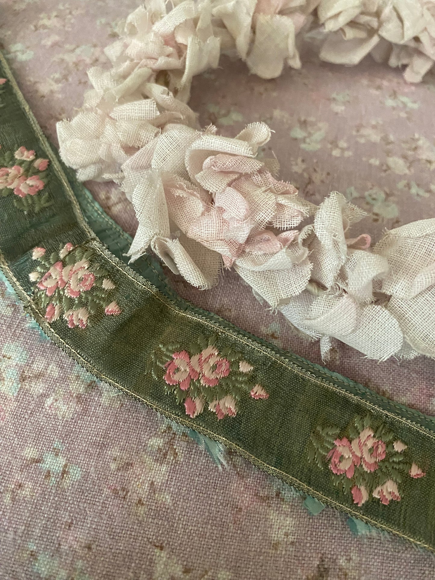 Antique French Ribbon Trim Pink Roses