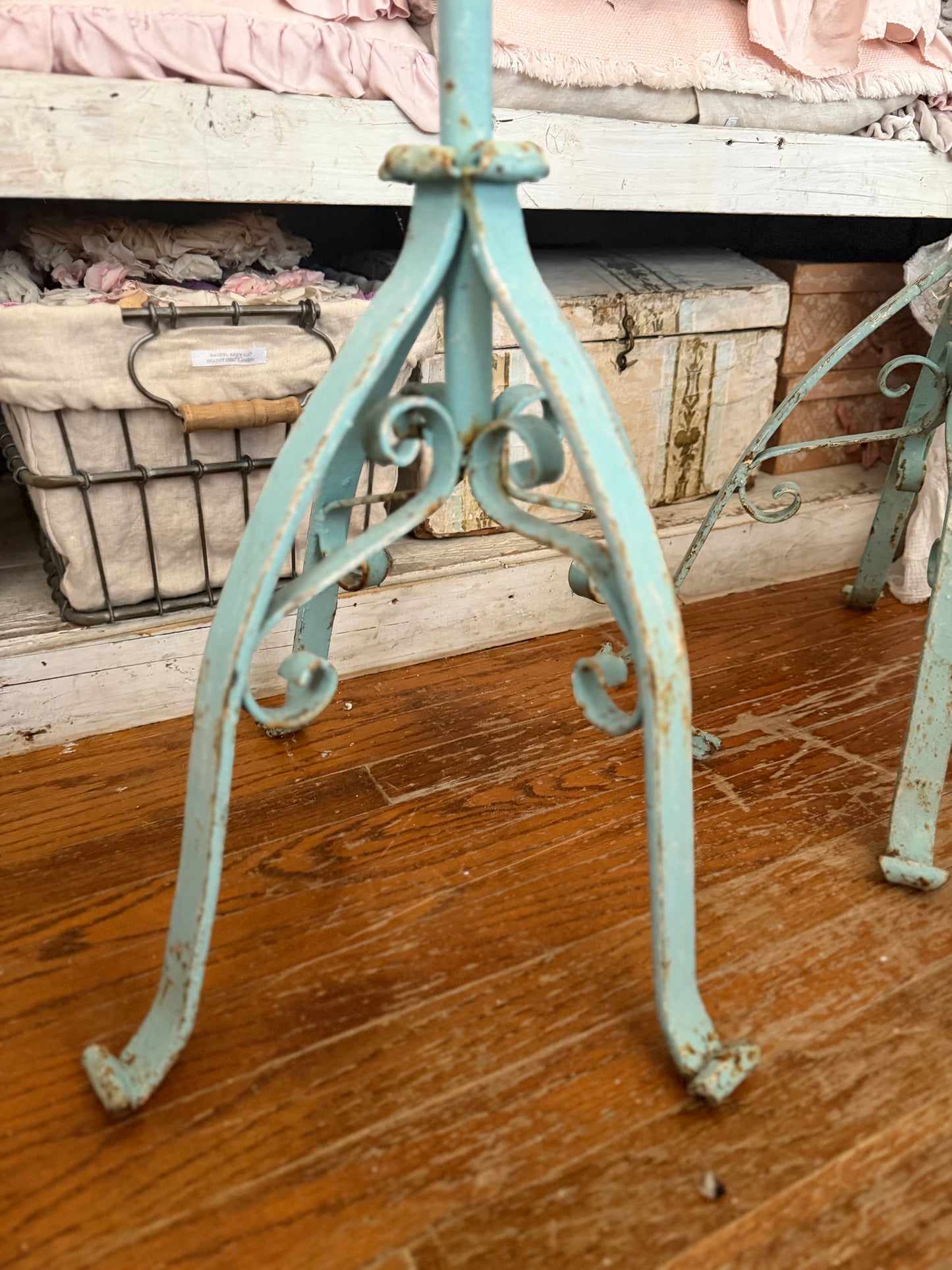 Pair Antique Blue Chippy Shabby Chic Metal Flower Stands