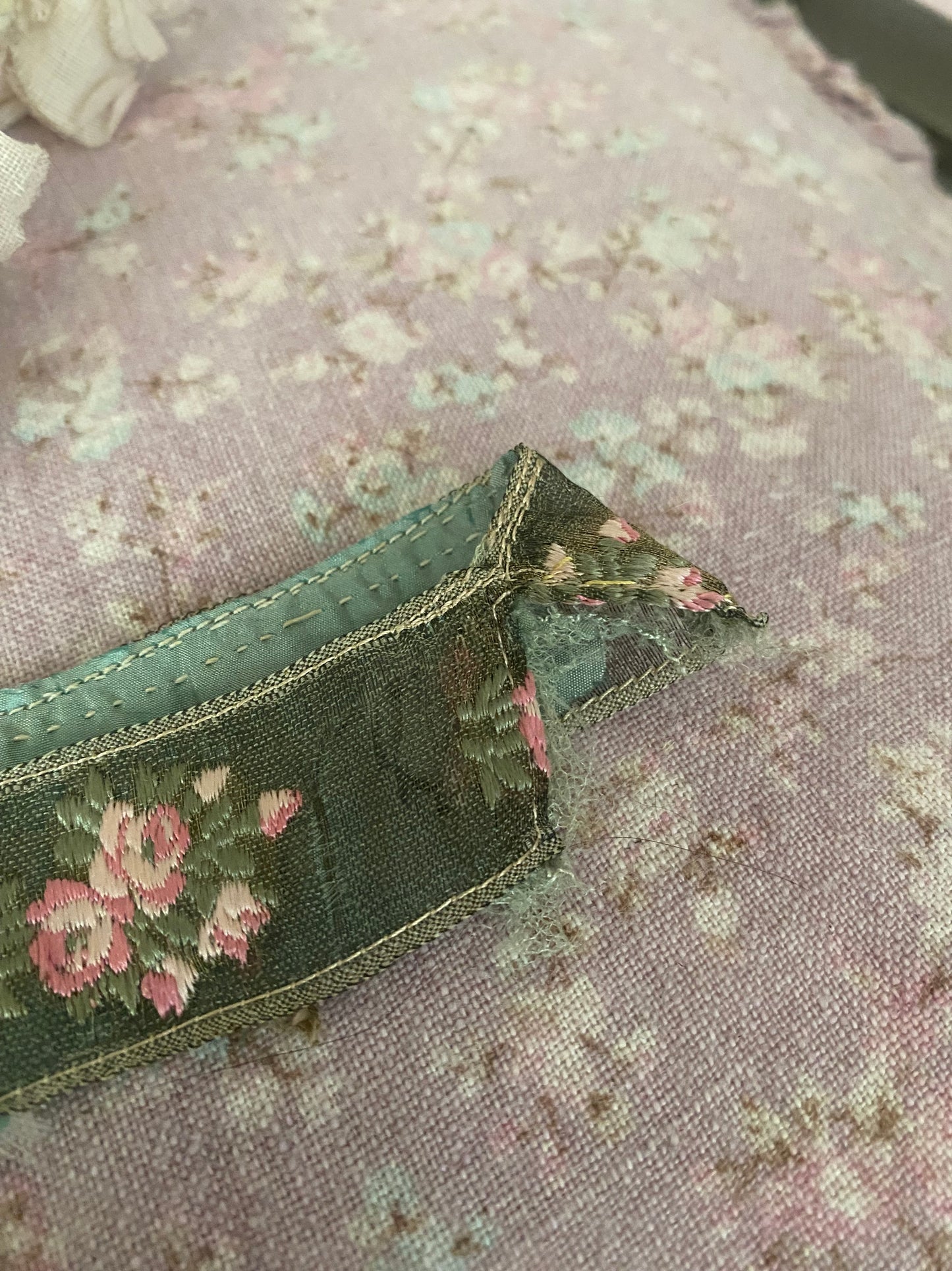 Antique French Ribbon Trim Pink Roses