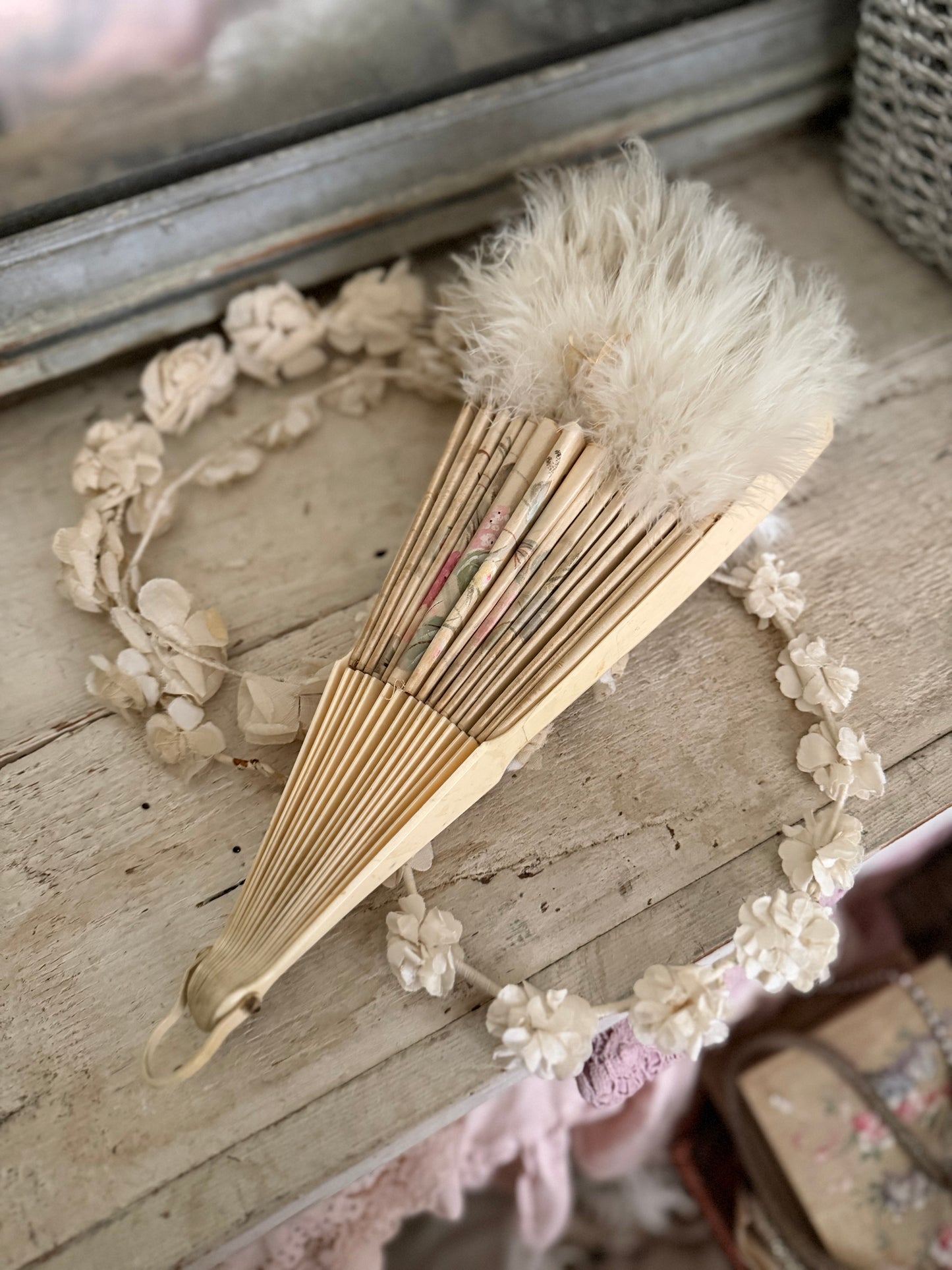 Antique Victorian Hand Pained Floral Silk Feather Fan