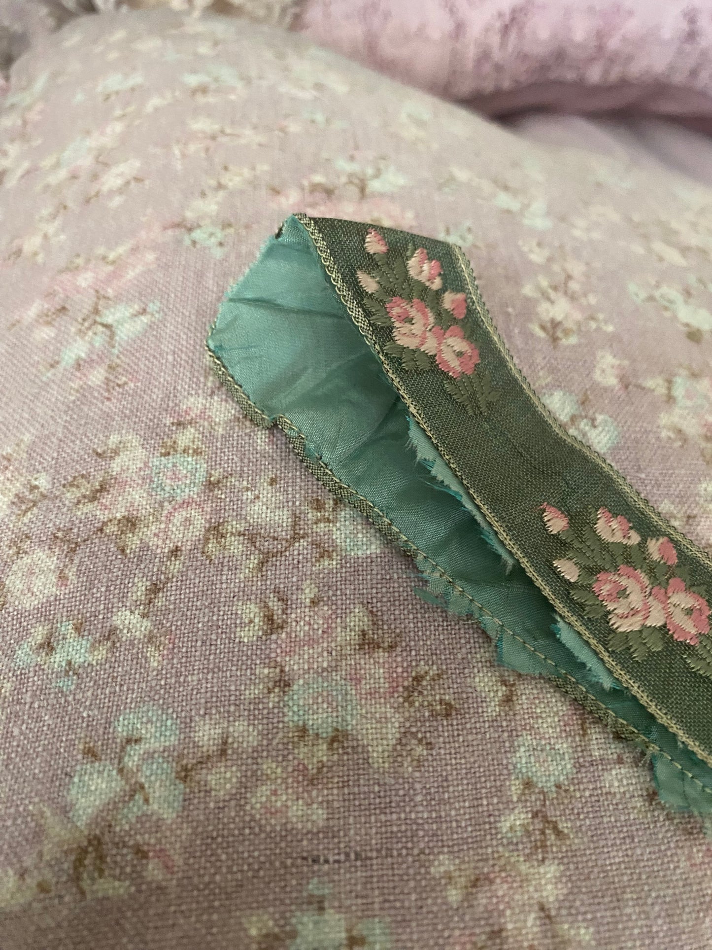 Antique French Ribbon Trim Pink Roses