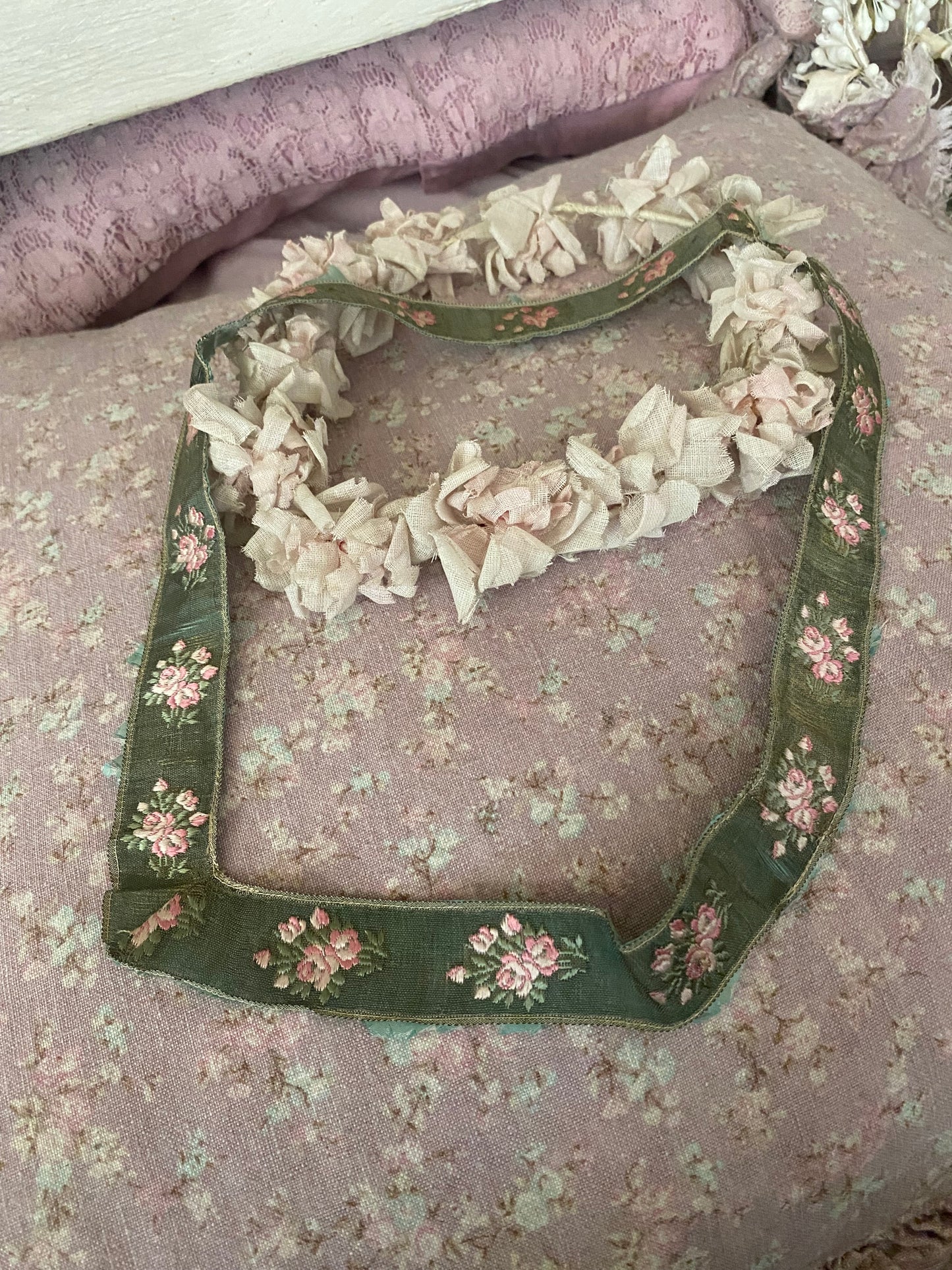 Antique French Ribbon Trim Pink Roses