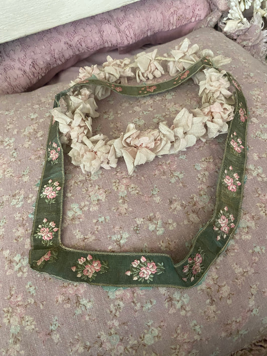 Antique French Ribbon Trim Pink Roses
