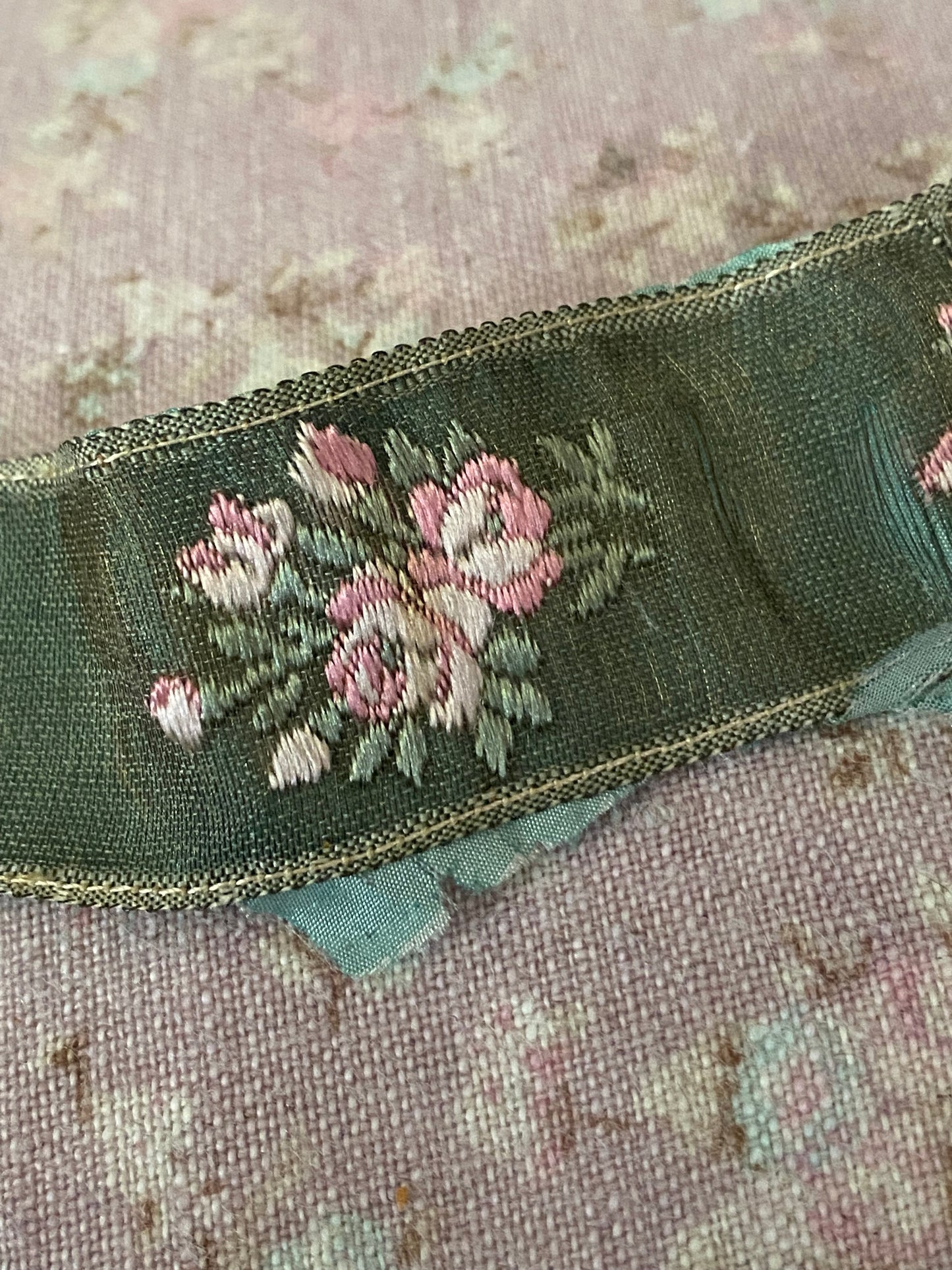 Antique French Ribbon Trim Pink Roses