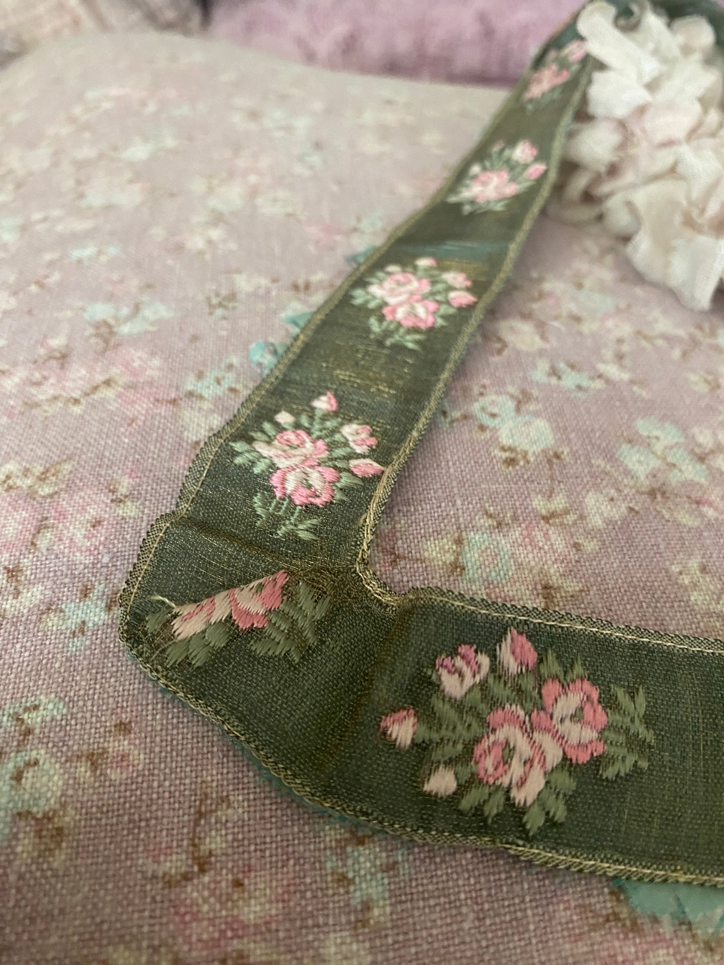 Antique French Ribbon Trim Pink Roses