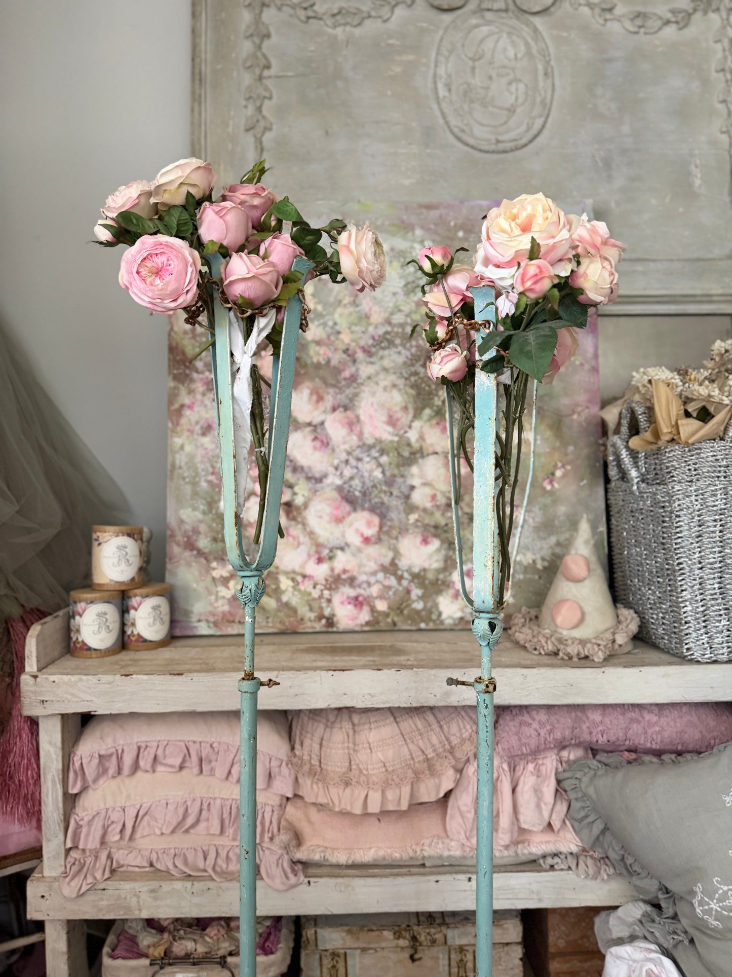 Pair Antique Blue Chippy Shabby Chic Metal Flower Stands